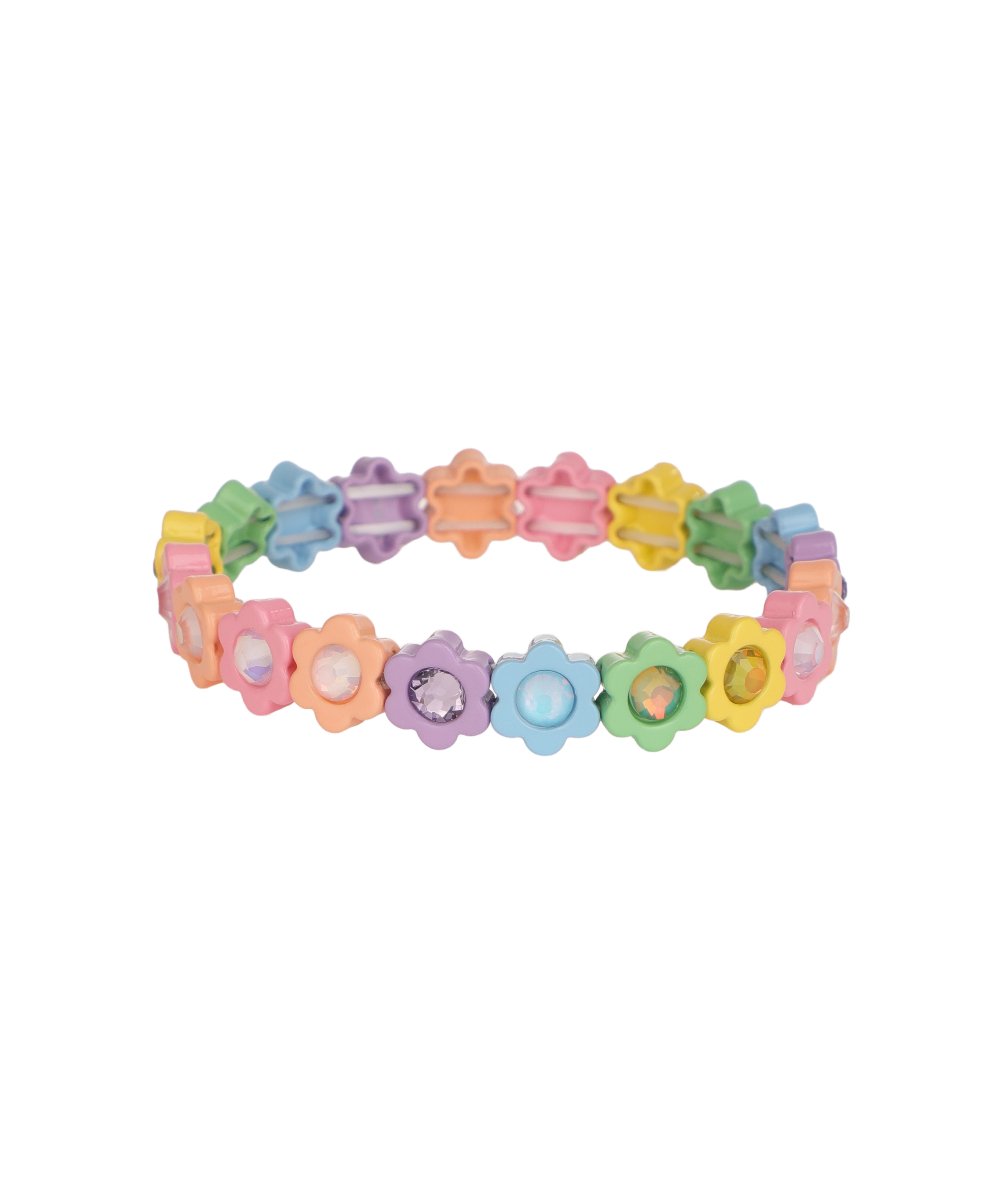 Multi-color flower bracelet with pastel resin beads and clear glass crystals on an elastic band