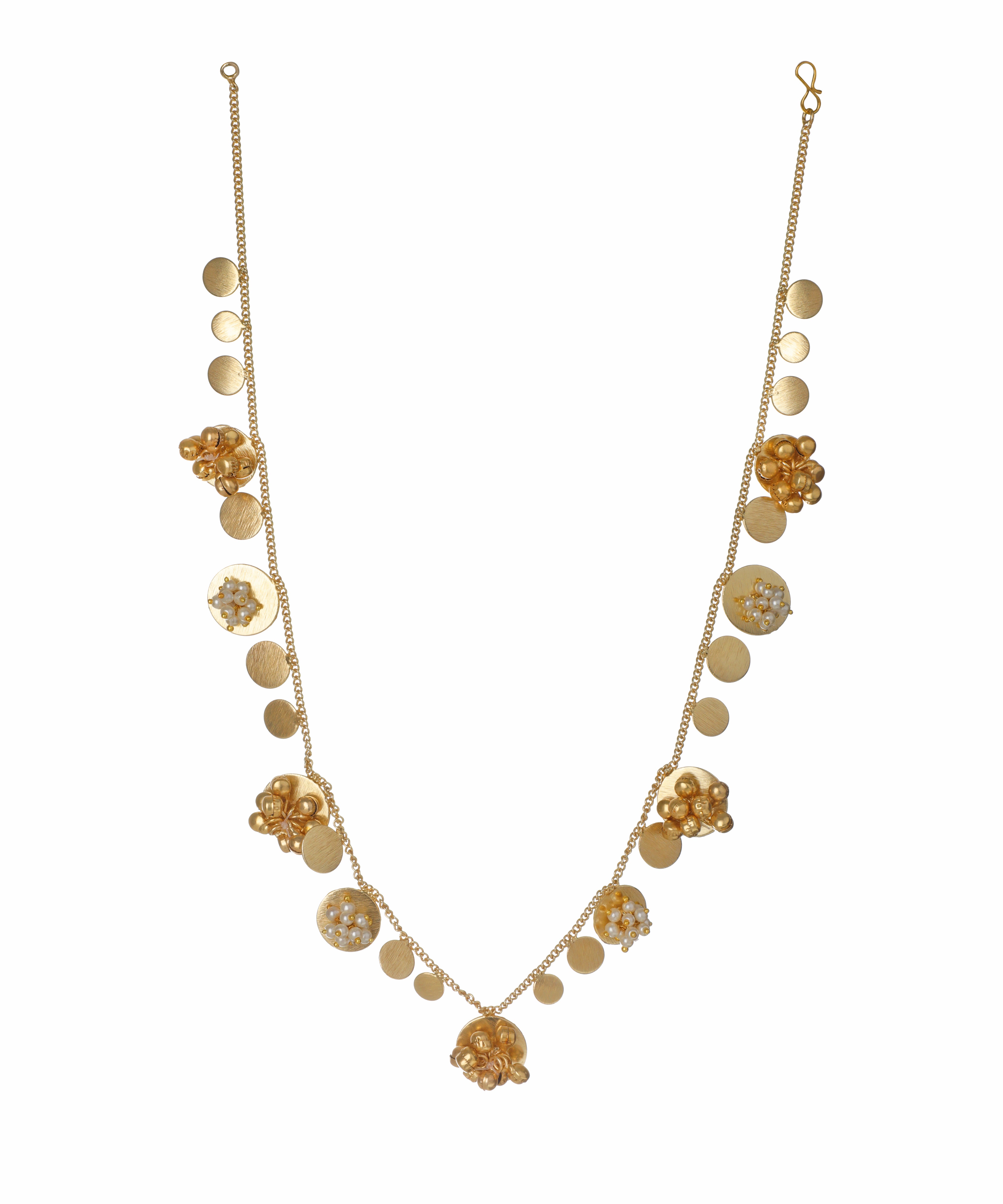 Gold-tone necklace with matte discs and faux pearl floral clusters