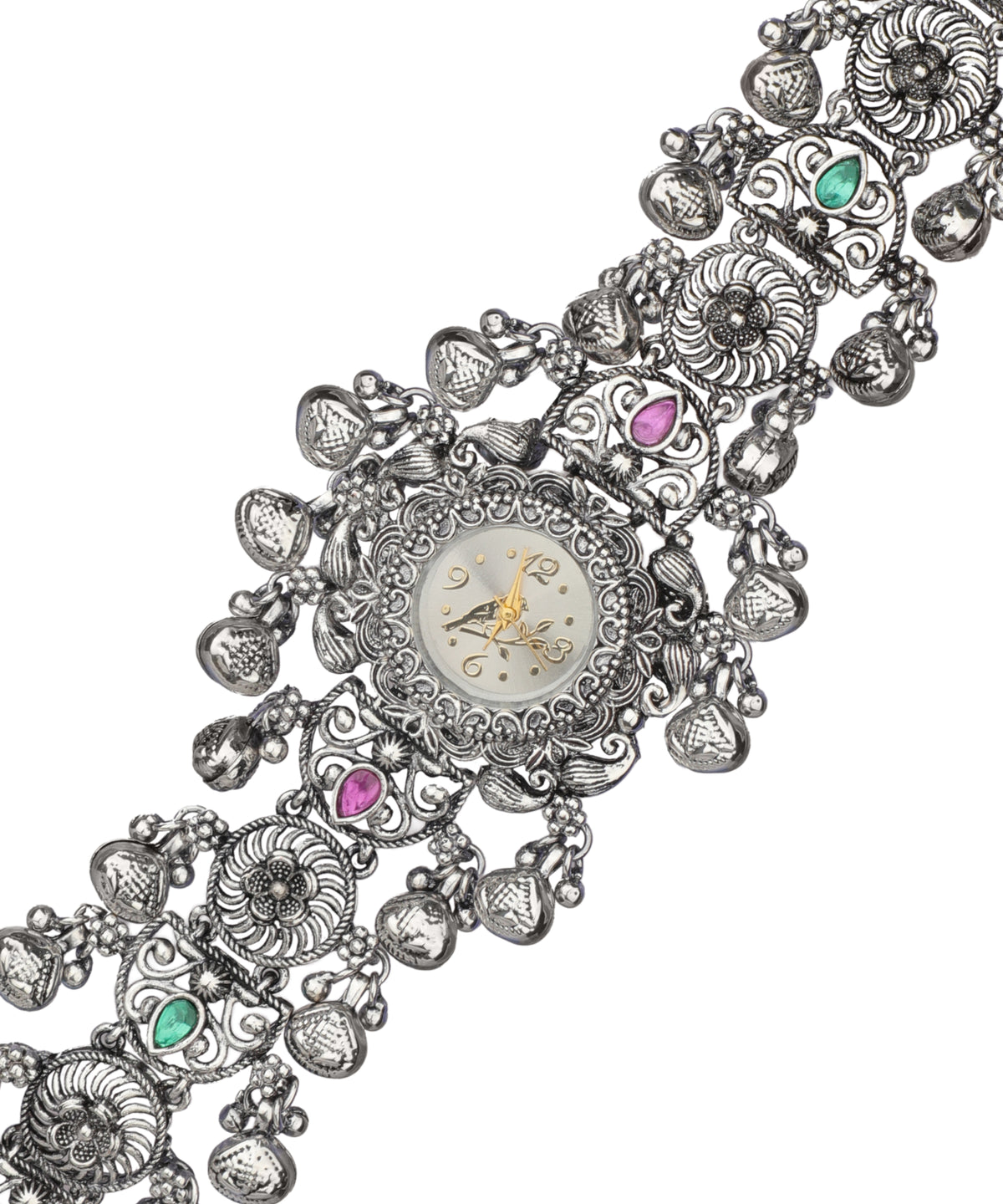Ornate bracelet watch with a wide linked silhouette