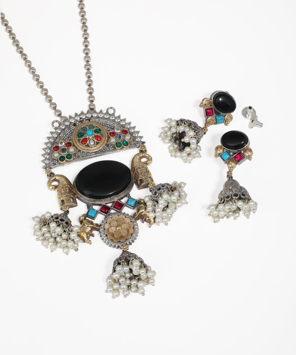 Traditional oxidised jhumka chandelier necklace set with black stone and matching earrings