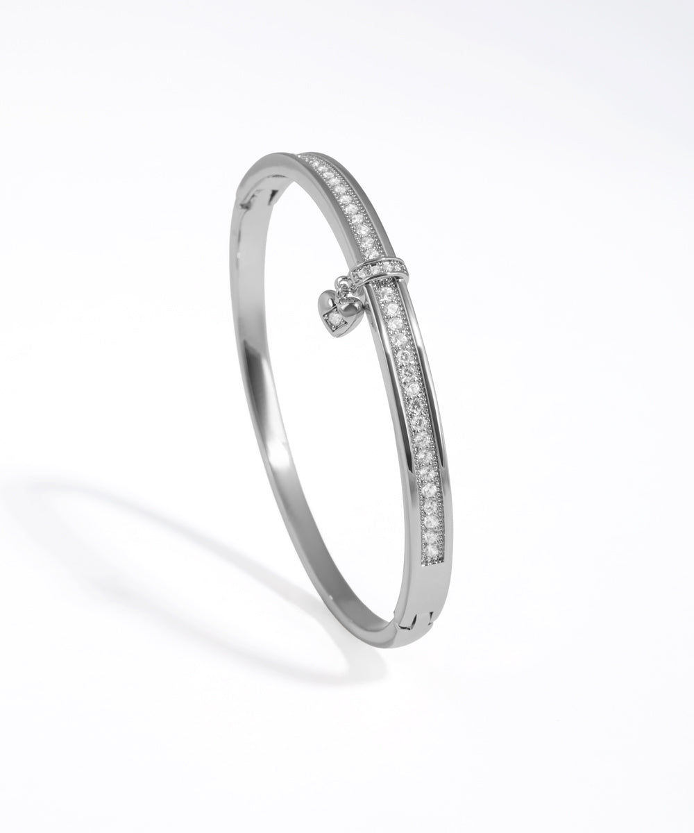 Pave Sparkle Heart Charm Bangle Bracelet | Stylika