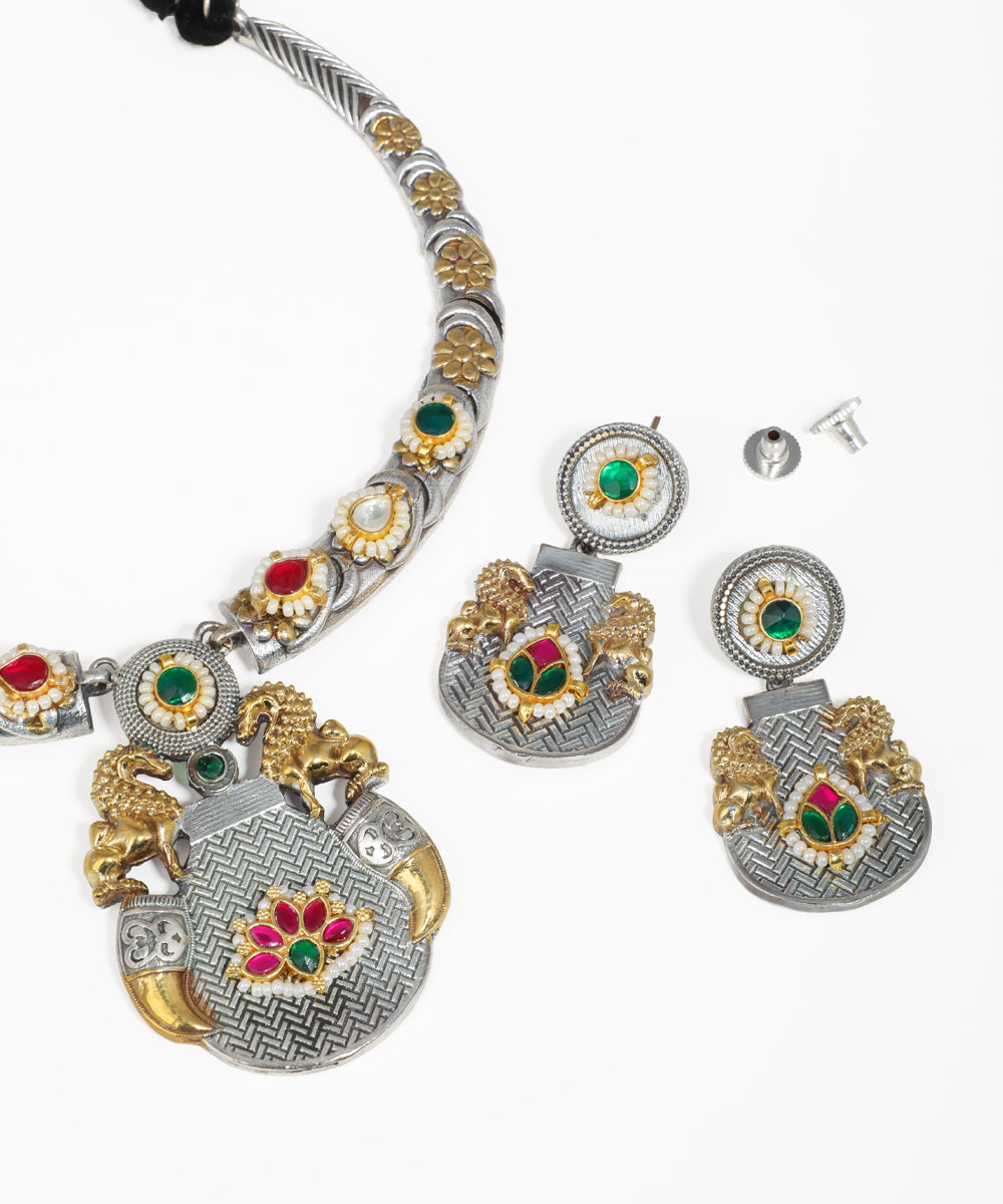 Temple motif oxidised necklace set for women