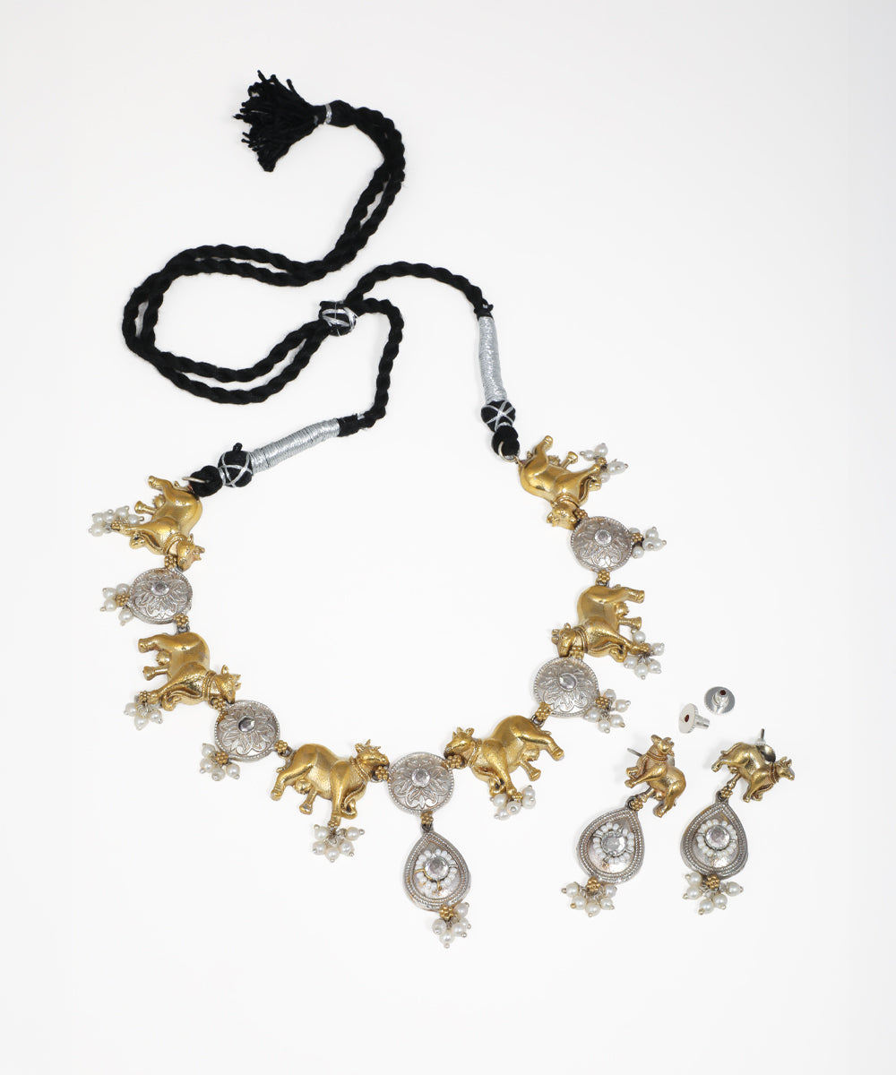 Traditional Indian oxidised jewelry set with animal designs and pearl accents
