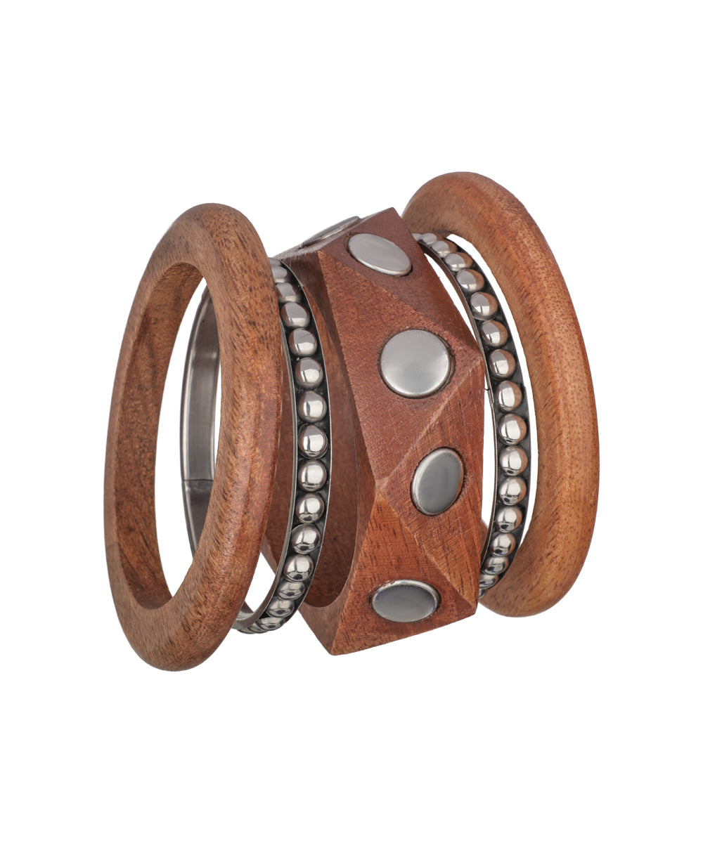 Stacked wooden kada and metal beaded bangle silhouette