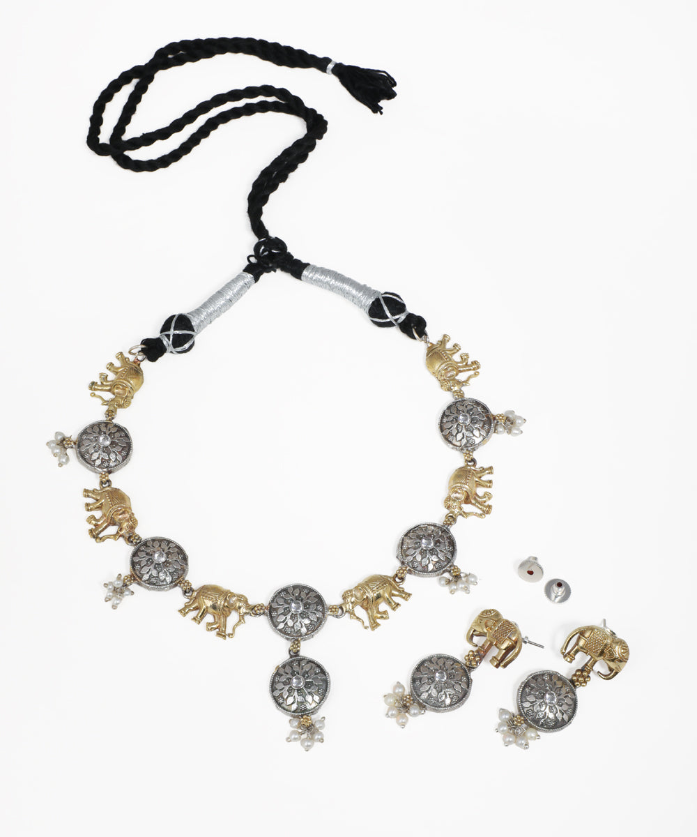 Handcrafted elephant motif oxidised jewelry set with floral medallions and earrings