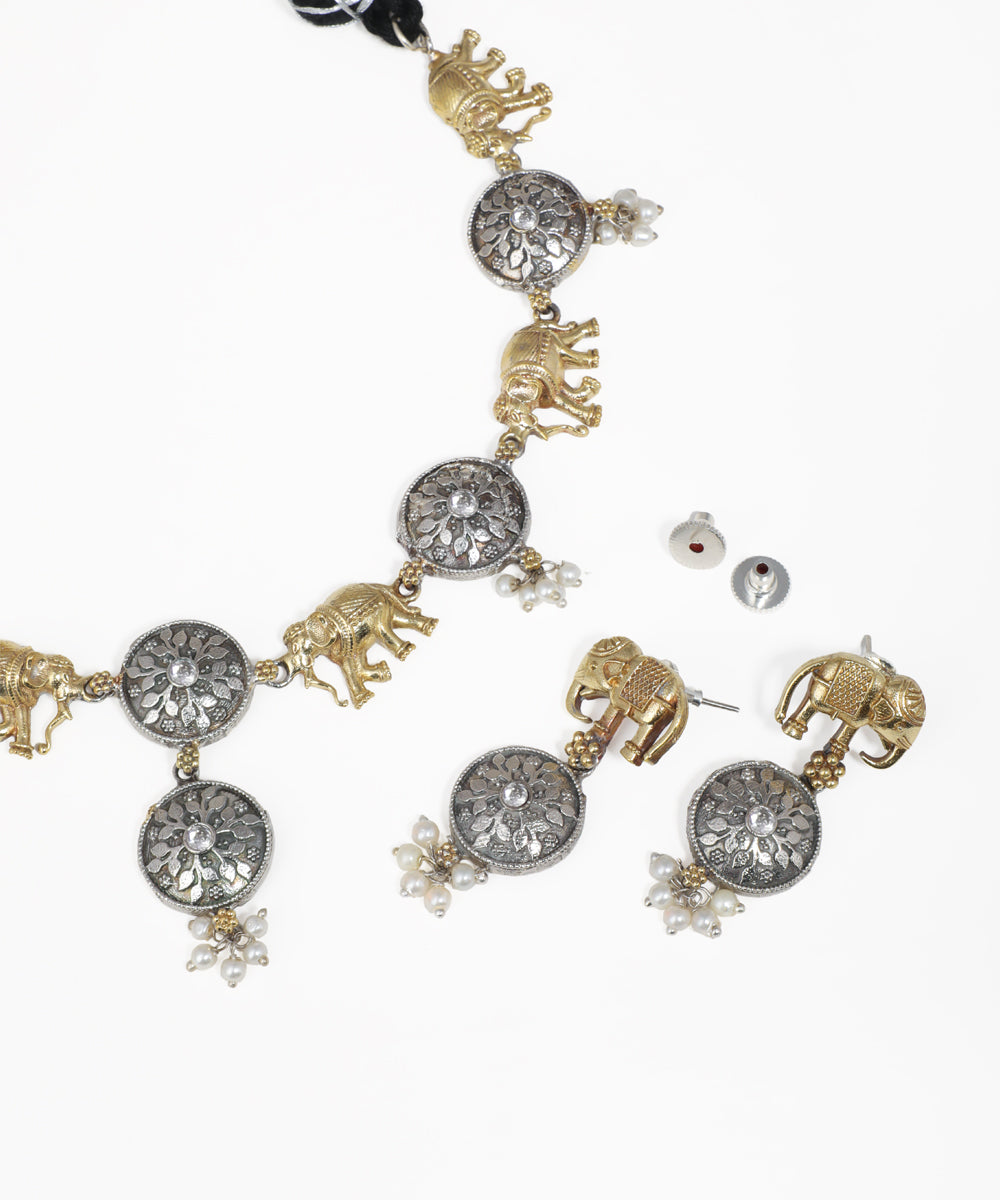 Statement oxidised necklace set with elephant charms, pearl accents and matching earrings
