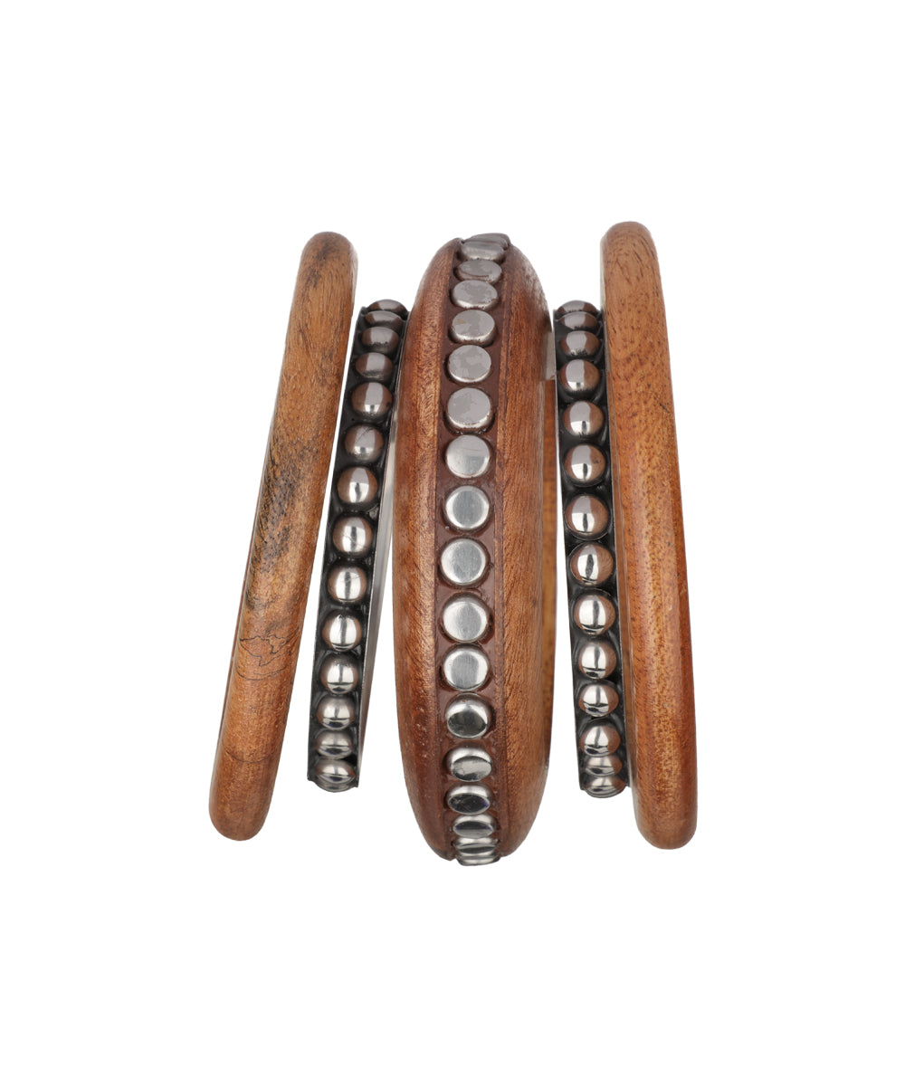Wooden Kada with Stacked Bangles featuring round stud motif