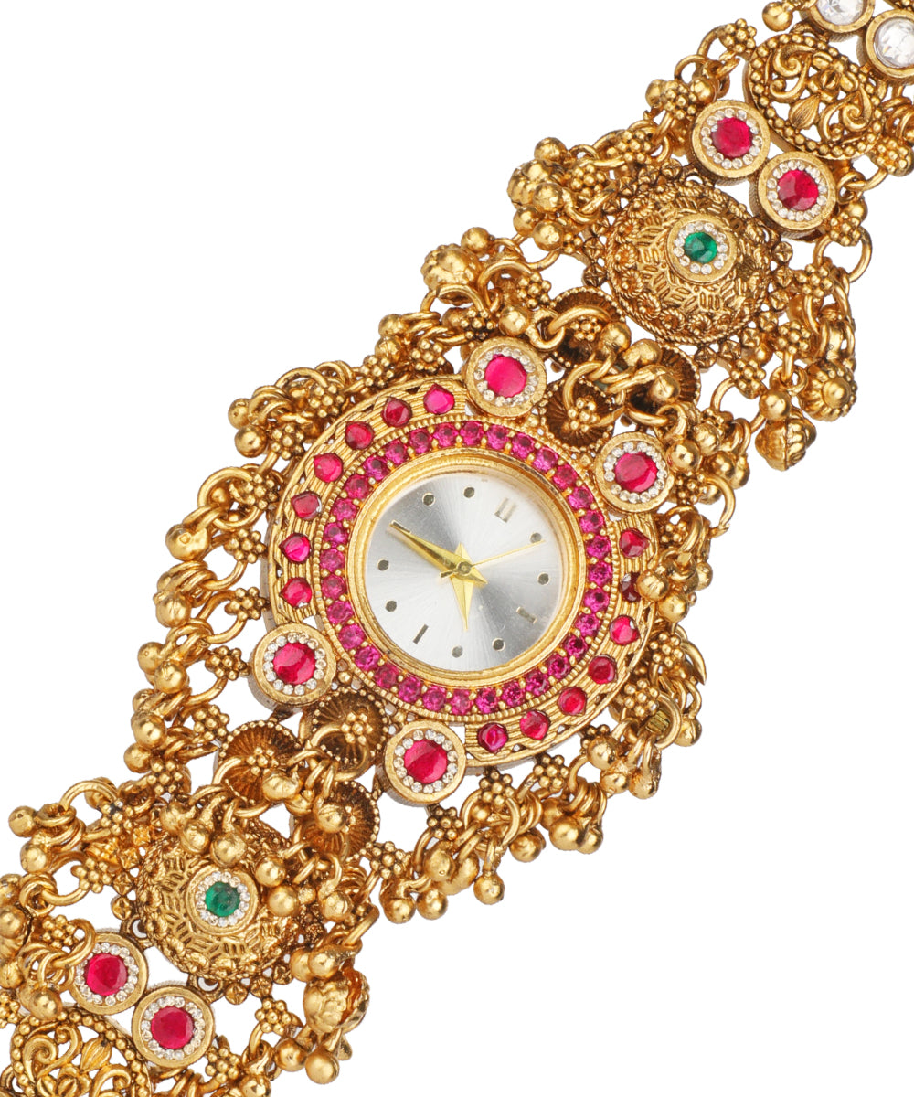 Intricate Motif Heritage Bracelet Watch (Ruby + Green) | Stylika