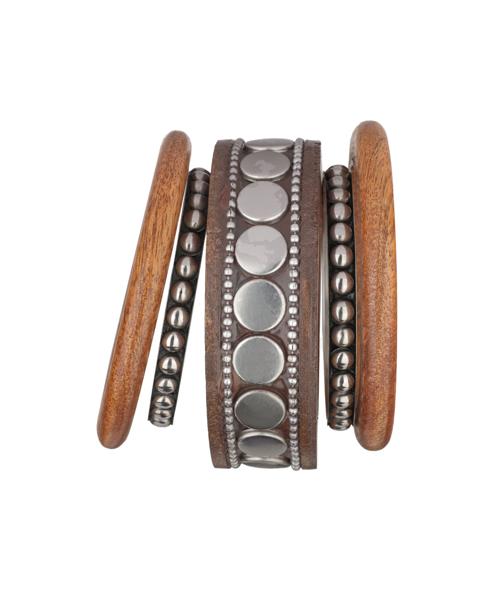 Wooden Kada with Stacked Bangles and smooth disc motif