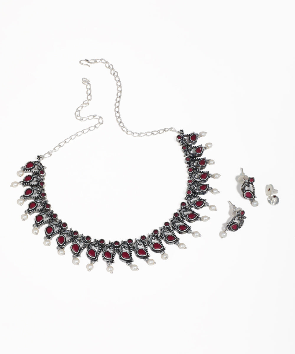 Ethnic oxidised necklace and earrings set with peacock motifs and multicolored gemstones