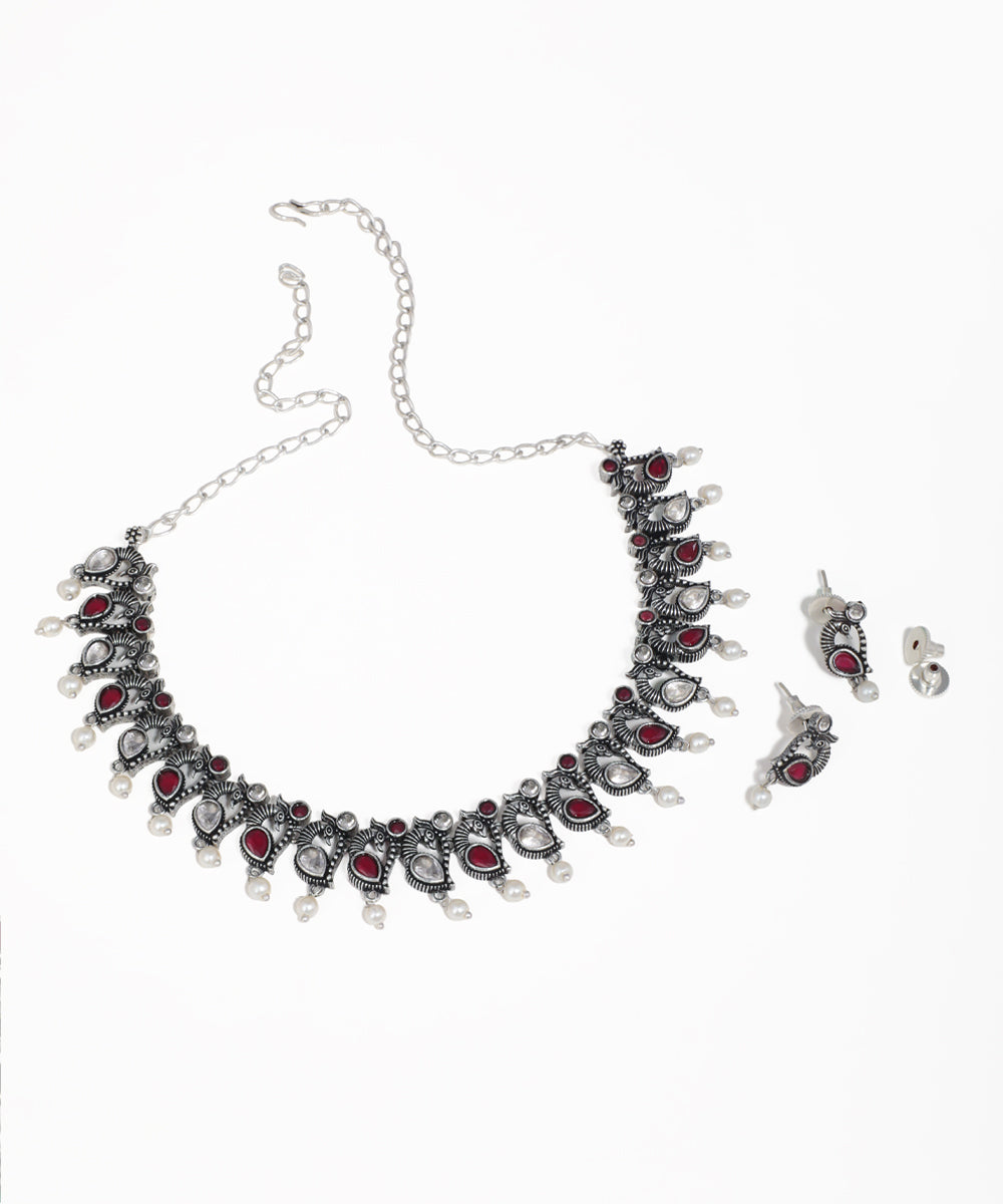 Traditional peacock motif necklace set with oxidised silver finish and colorful stones