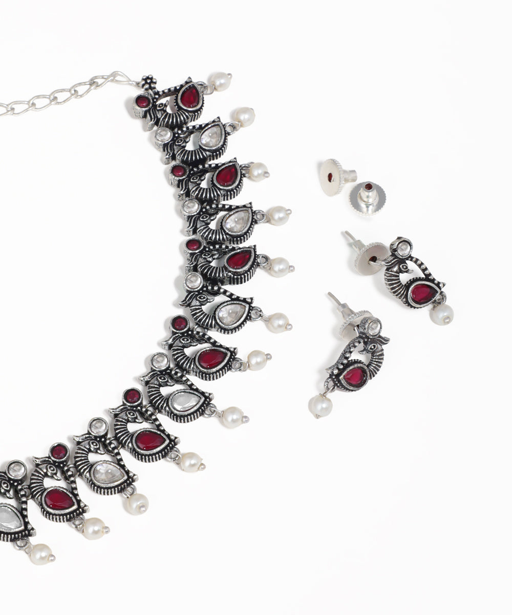 Designer oxidised statement necklace set with peacock motifs and matching earrings