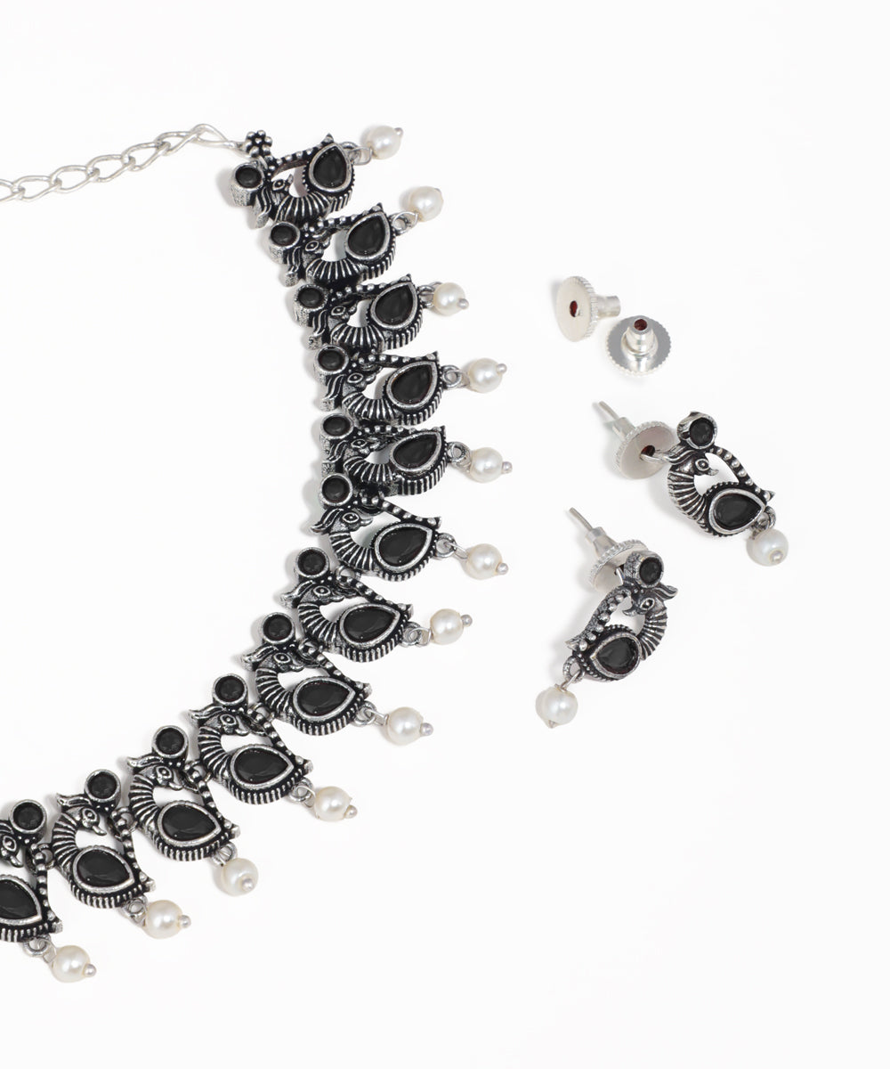 Colorful Stone Peacock Motif Oxidise Necklace Set | Stylika