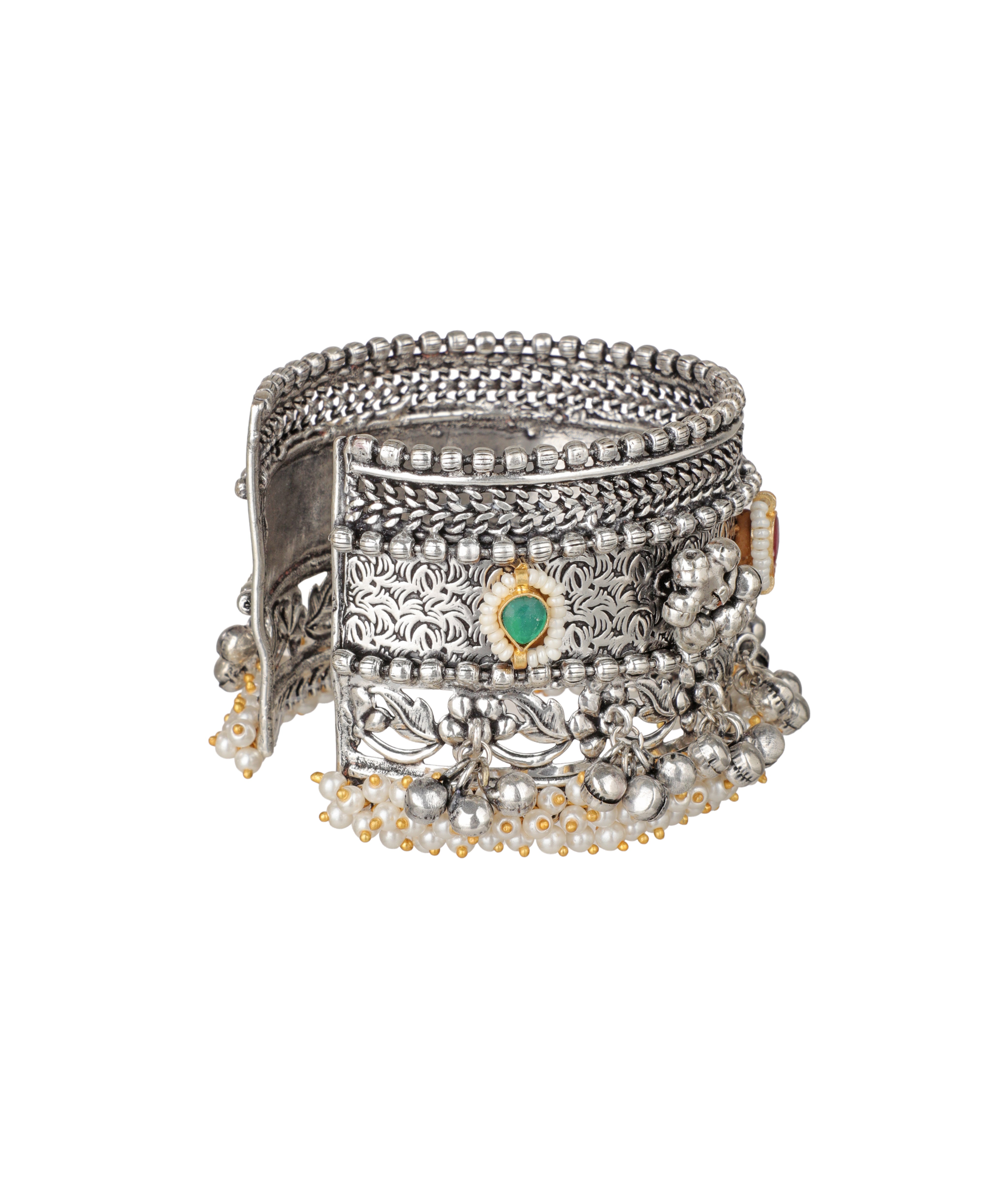 Intricate Oxidised Floral and Pearl Cuff Bracelet | Stylika