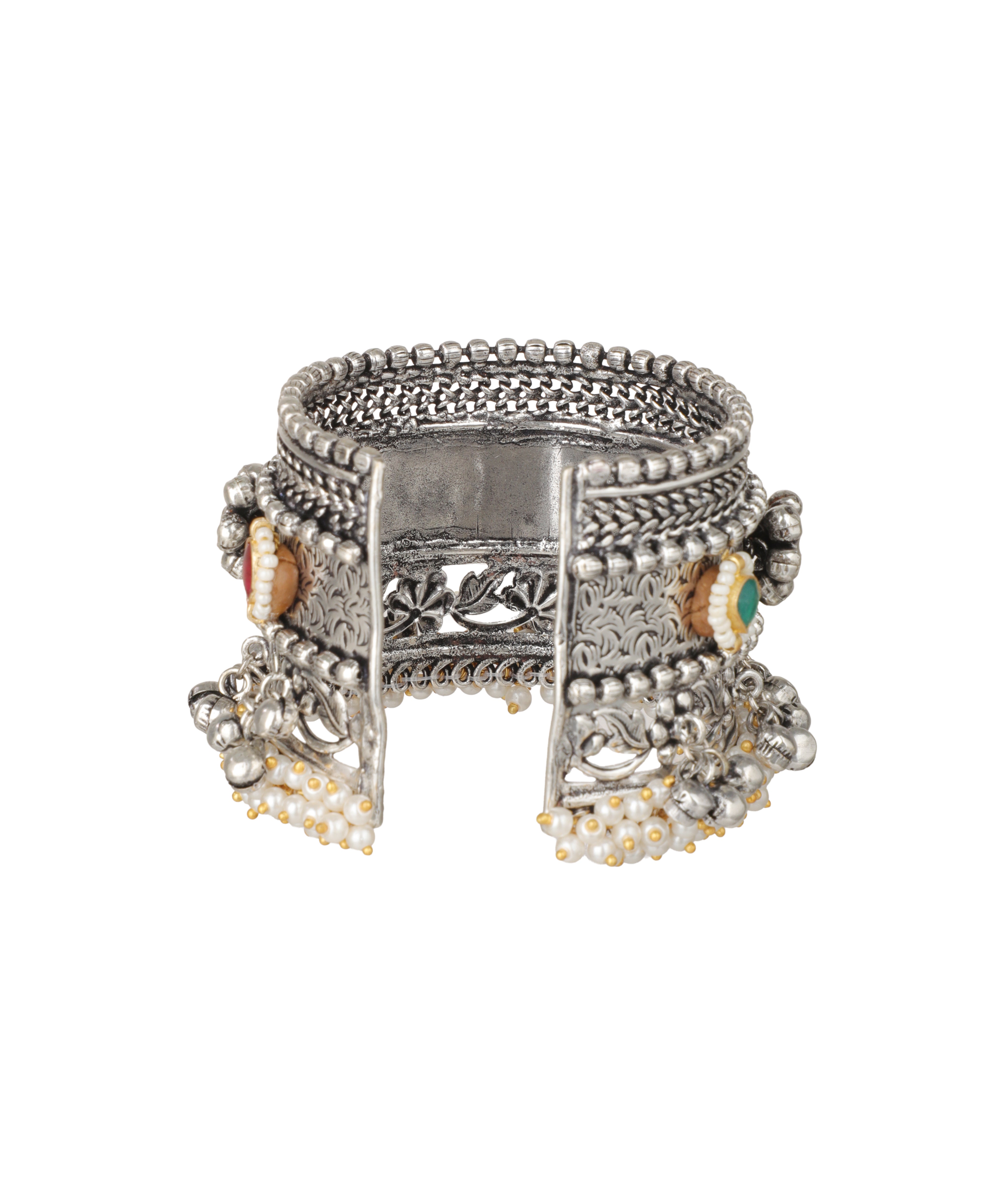 Intricate Oxidised Floral and Pearl Cuff Bracelet | Stylika