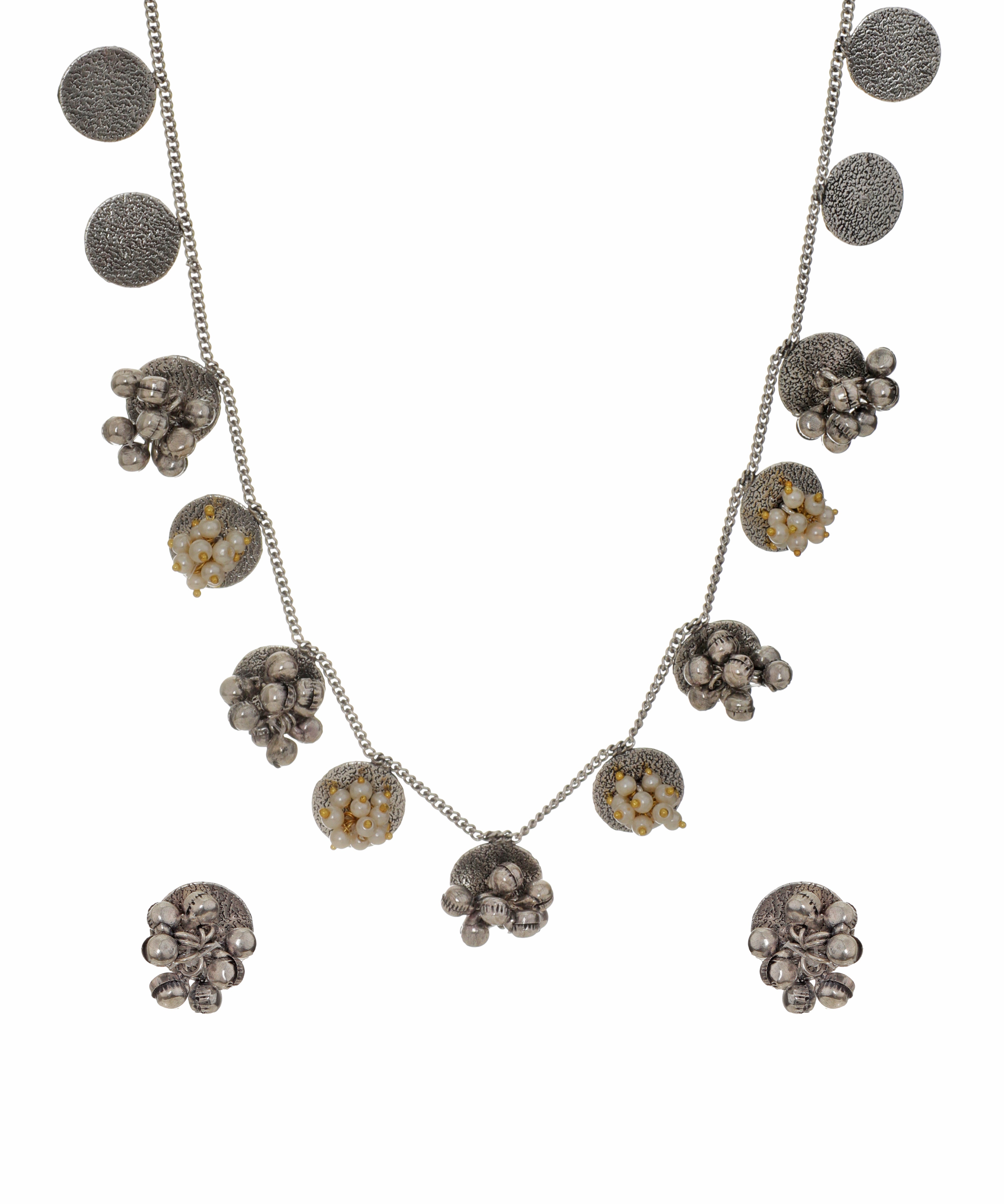 Artisan Style Textured Disc and Bead Cluster Necklace Set | Stylika