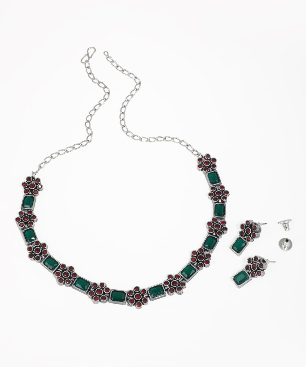 Women's ethnic oxidised necklace set with colorful stones and matching earrings