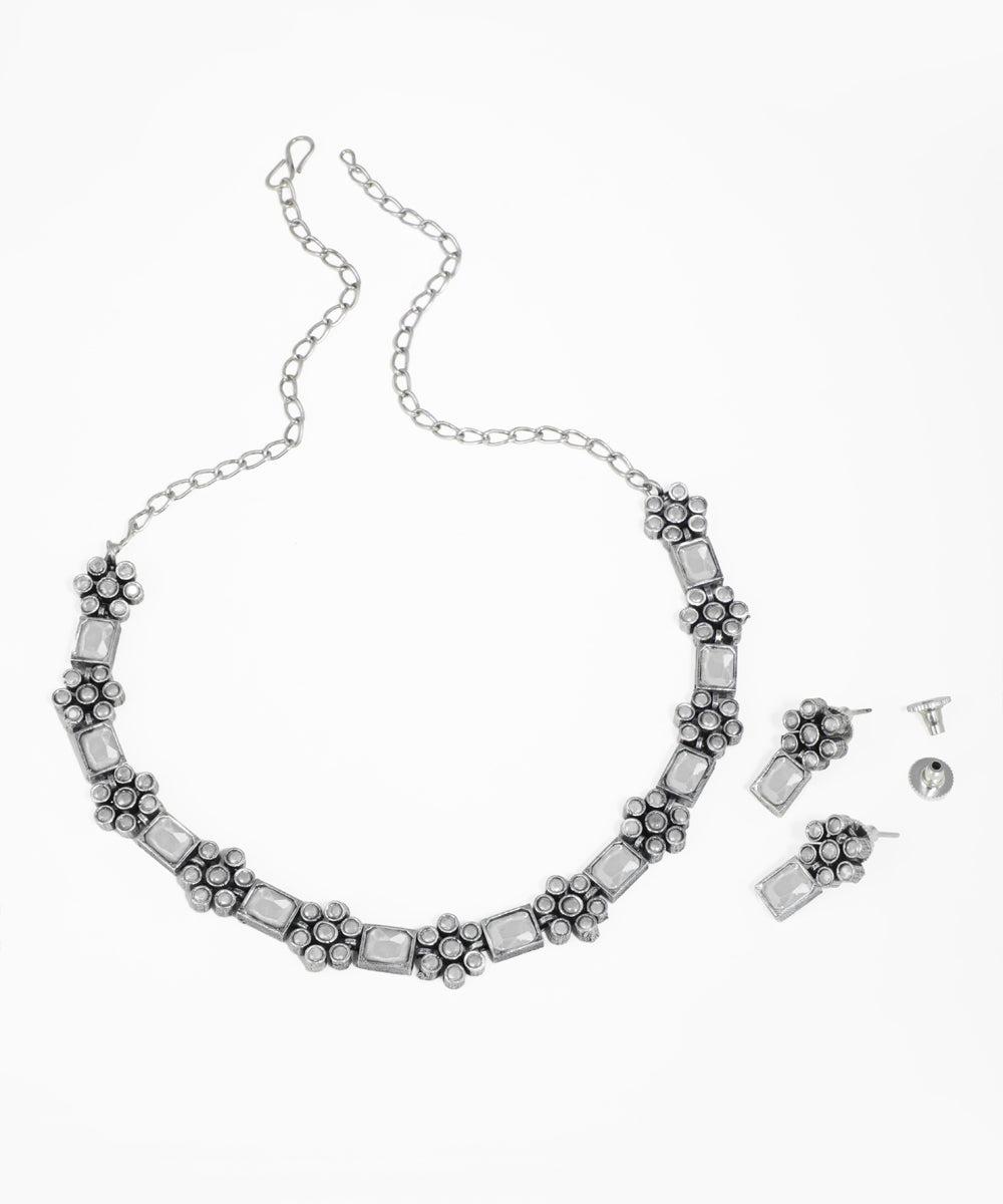 Handcrafted oxidised silver necklace set with red blue and yellow stones