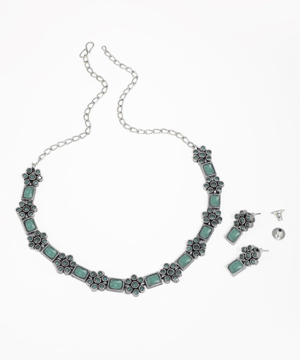Intricate Floral Stone Oxidise Necklace Set with Earrings | Stylika