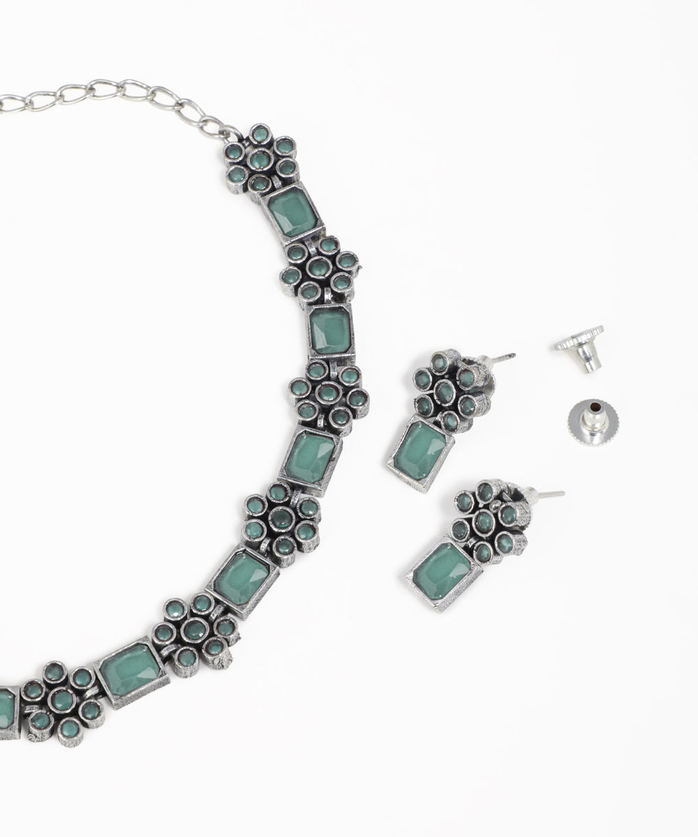 Intricate Floral Stone Oxidise Necklace Set with Earrings | Stylika
