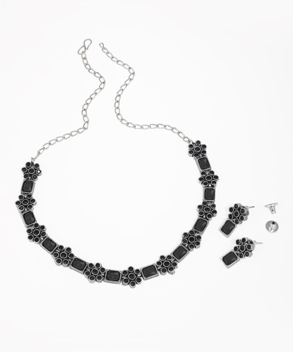 Intricate Floral Stone Oxidise Necklace Set with Earrings | Stylika