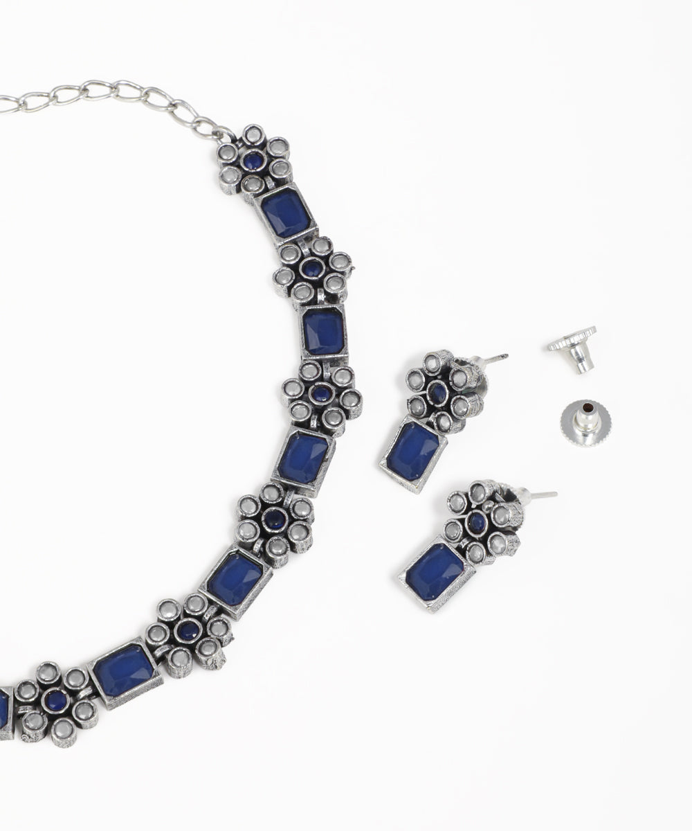 Intricate Floral Stone Oxidise Necklace Set with Earrings | Stylika