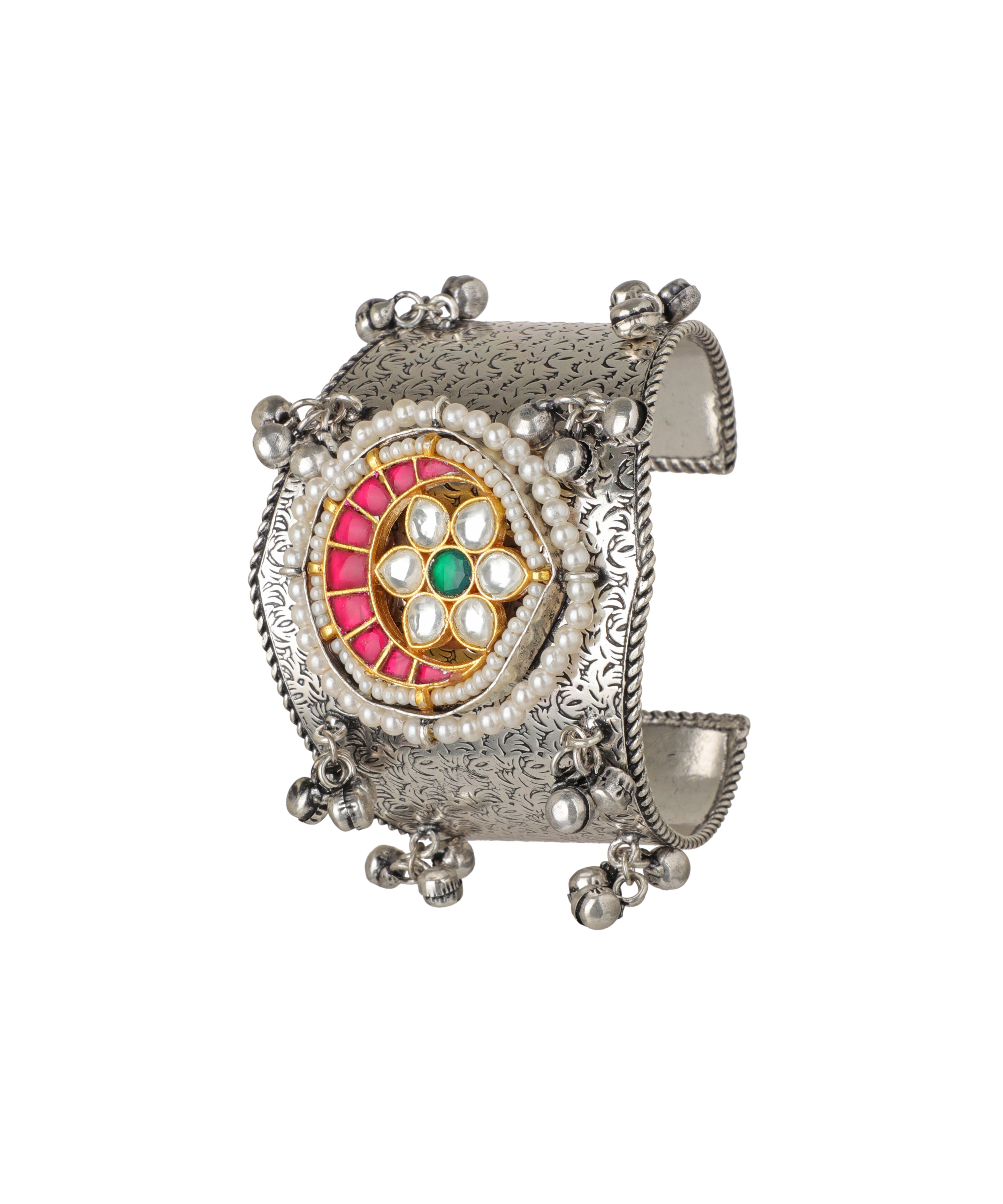 Intricate Floral Oxidised Cuff Bracelet with Ghungroos | Stylika