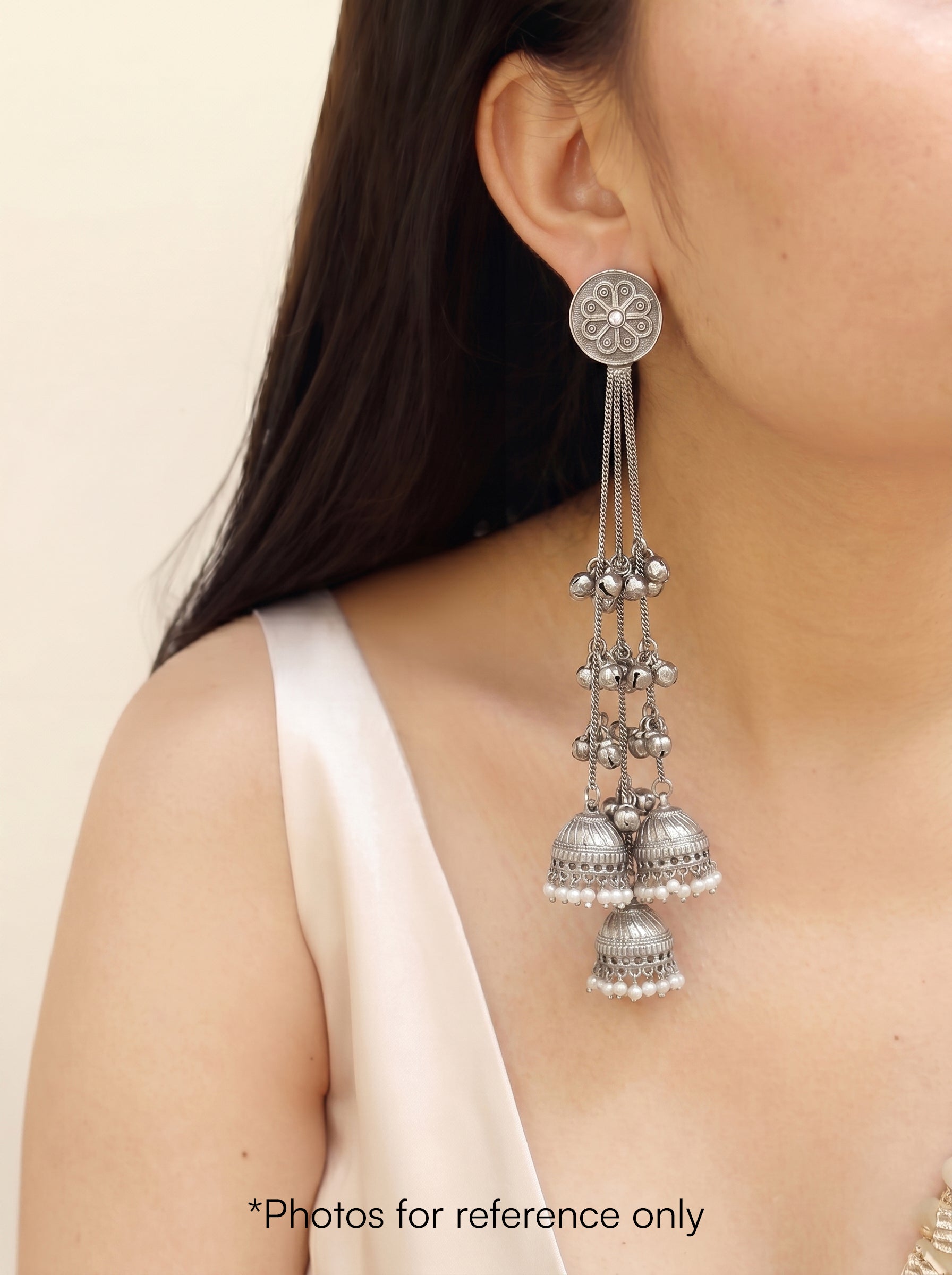 Intricate Floral Chain Kashmiri Jhumka Oxidised Earrings | Stylika