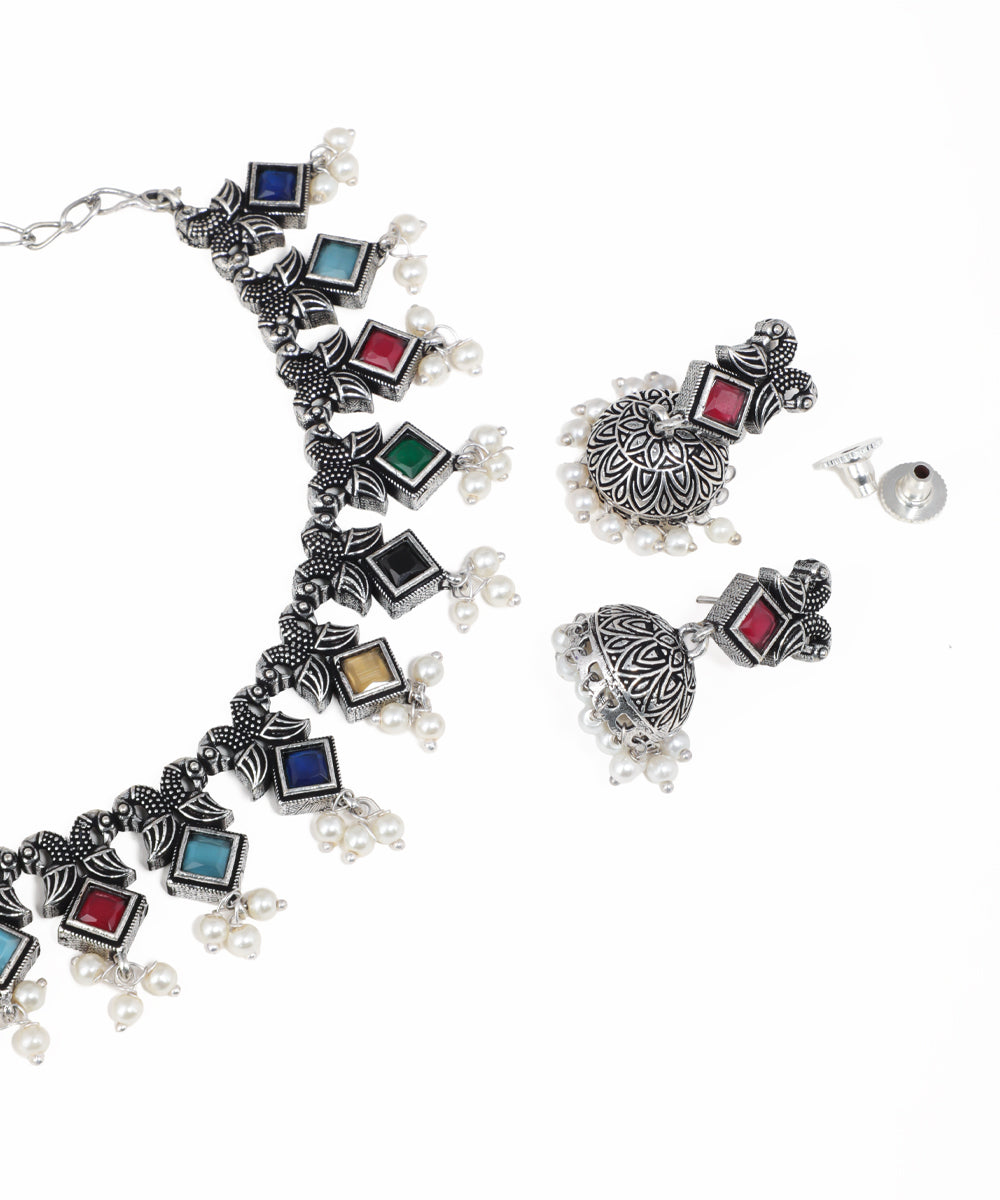 Oxidised silver necklace and earrings set with colorful gemstone accents and pearl danglers
