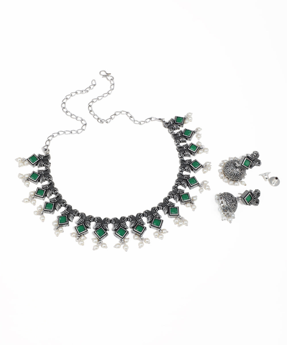 Oxidised statement necklace set with multicolored stones, pearl drops and matching ethnic earrings