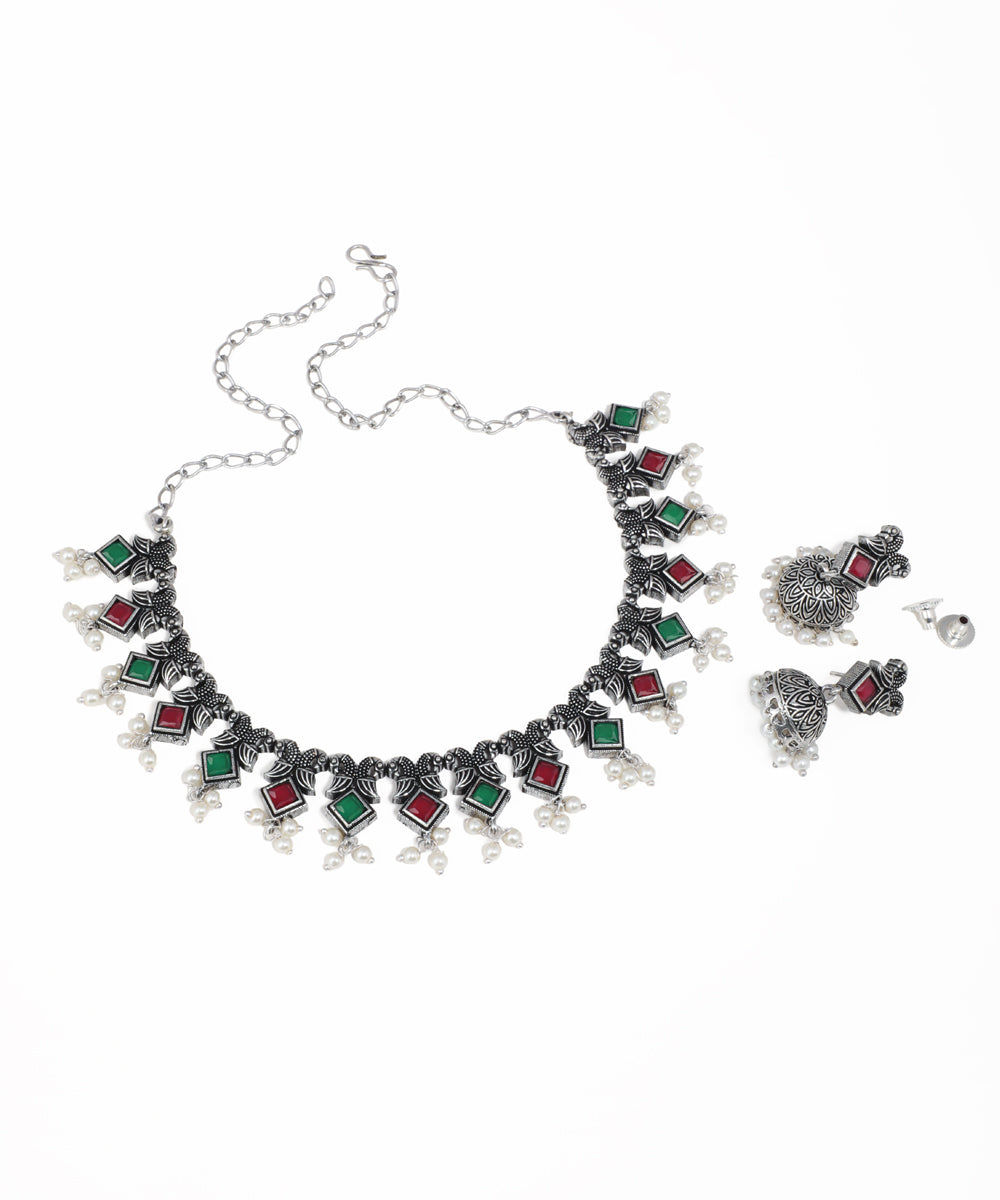Traditional oxidised statement necklace set with colorful square stones and pearl accents