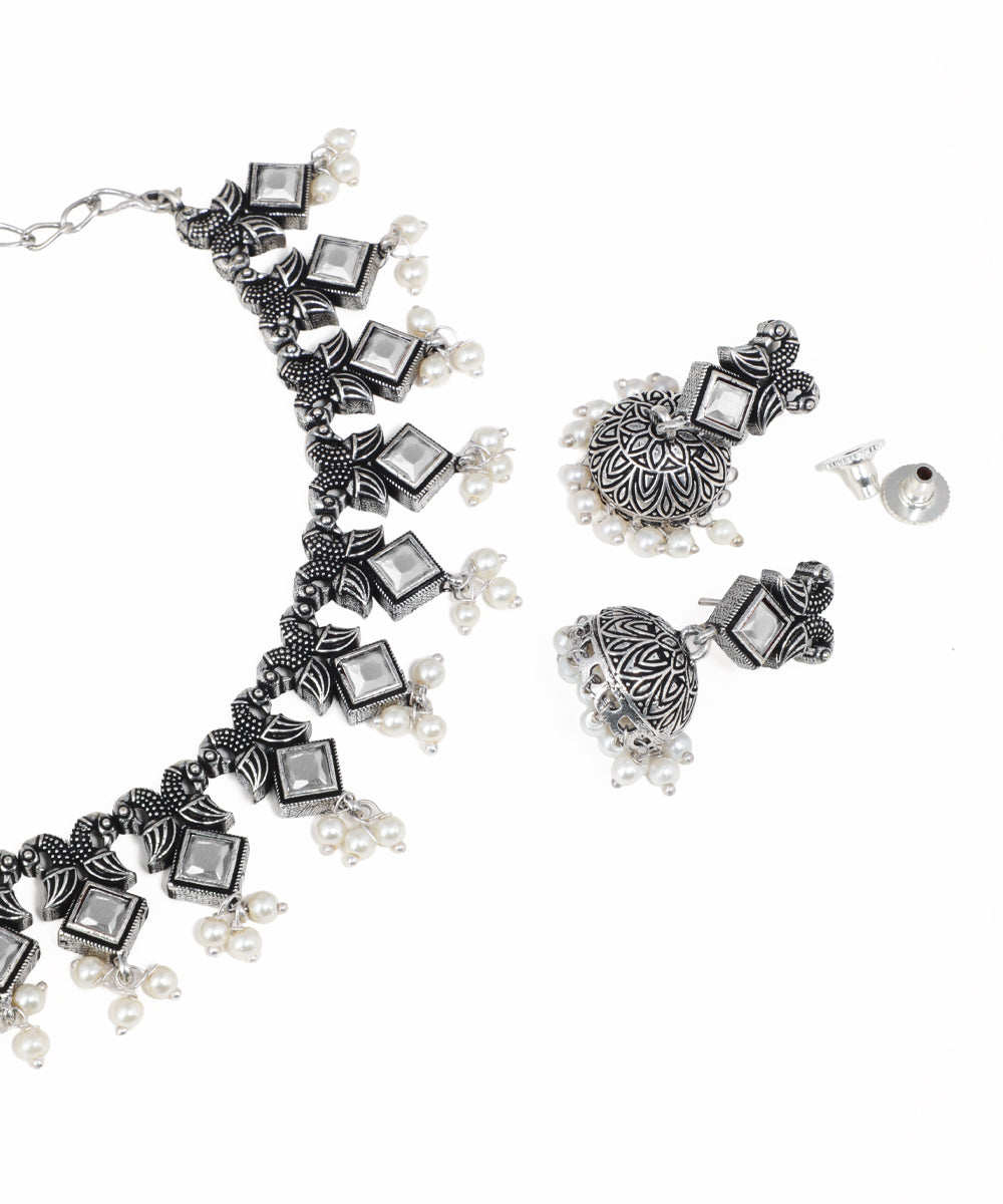 Indian oxidised statement necklace set with colorful crystal accents and pearl details