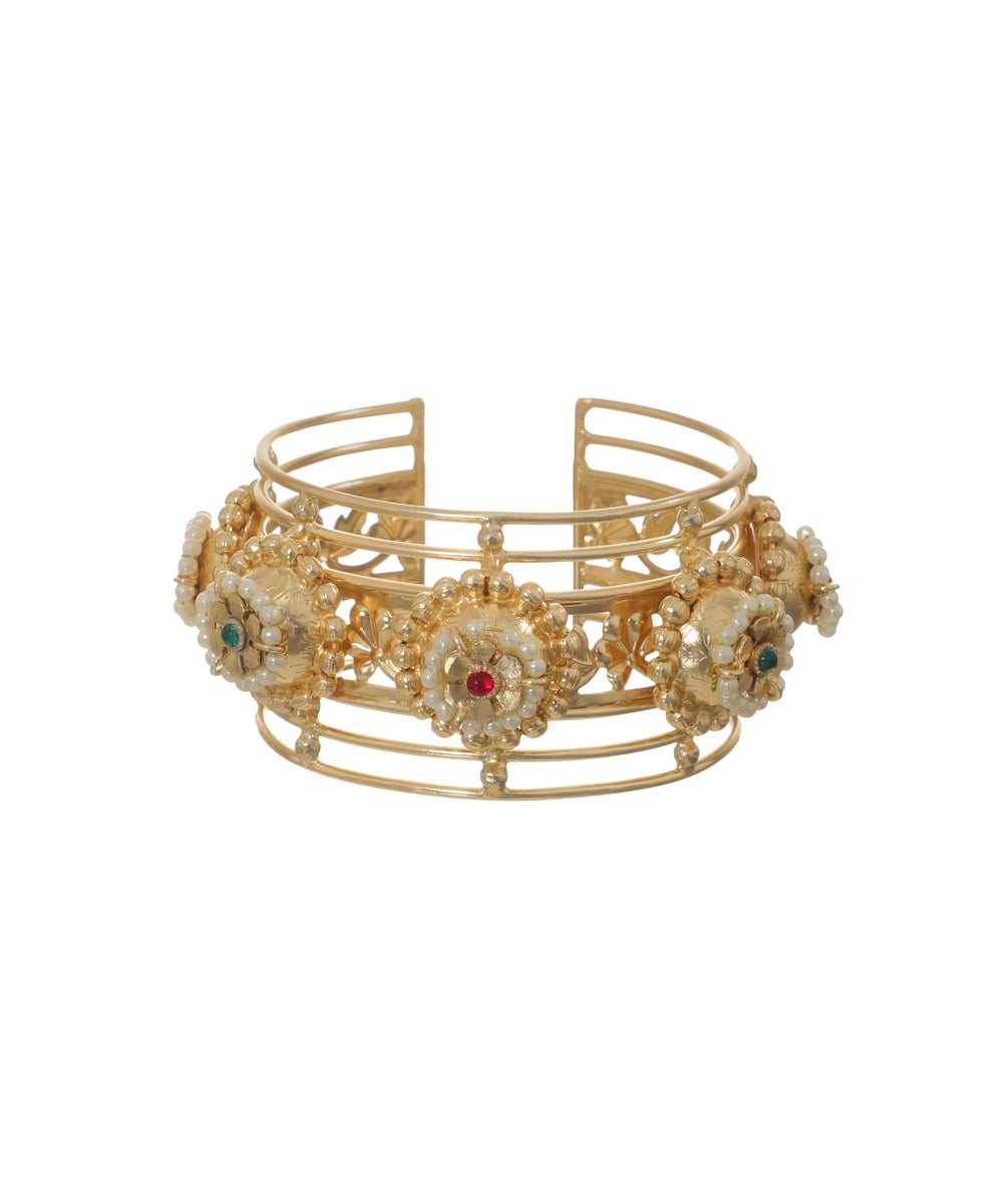 Oxidised Cuff Bracelet with Intricate Floral Motifs | Stylika