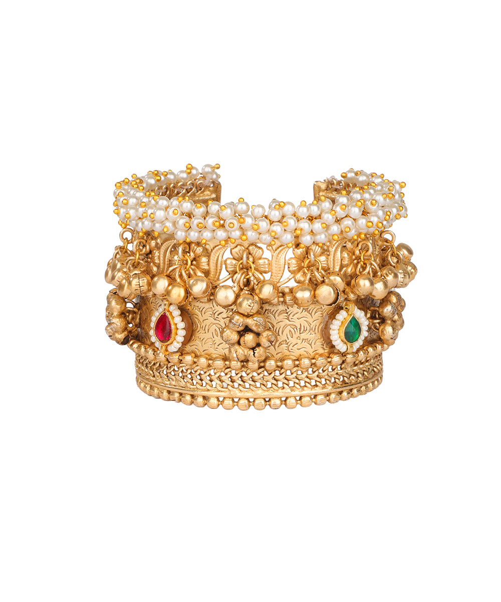 Pearl Cluster Floral Ghungroo Cuff Bangle | Stylika