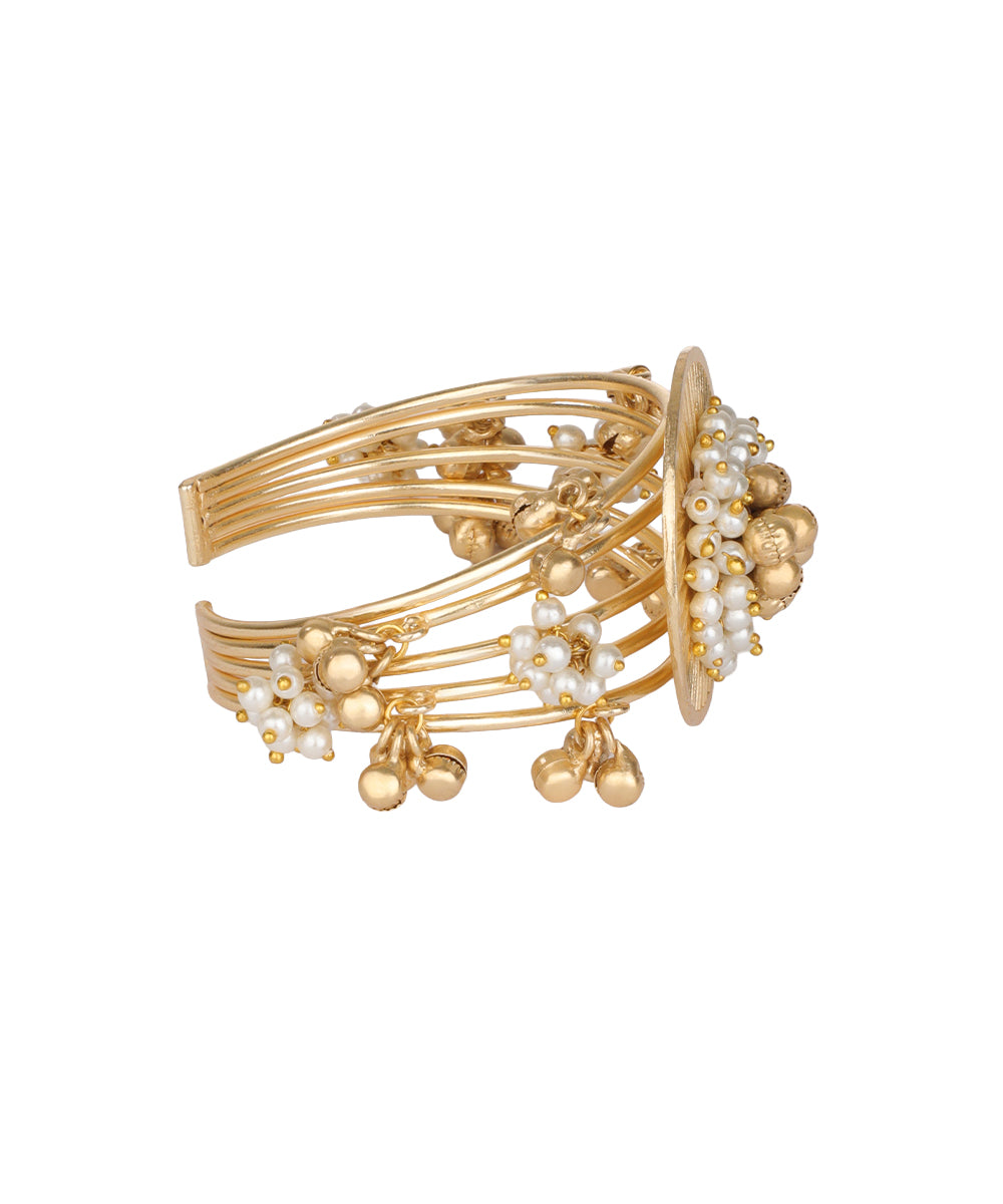 Pearl Cluster Disc Ghungroo Cuff Bracelet | Stylika