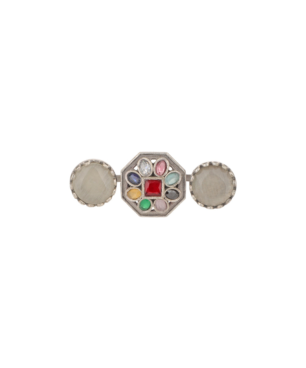 Double Finger Decorative Multi Stone Oxidised Ring | Stylika