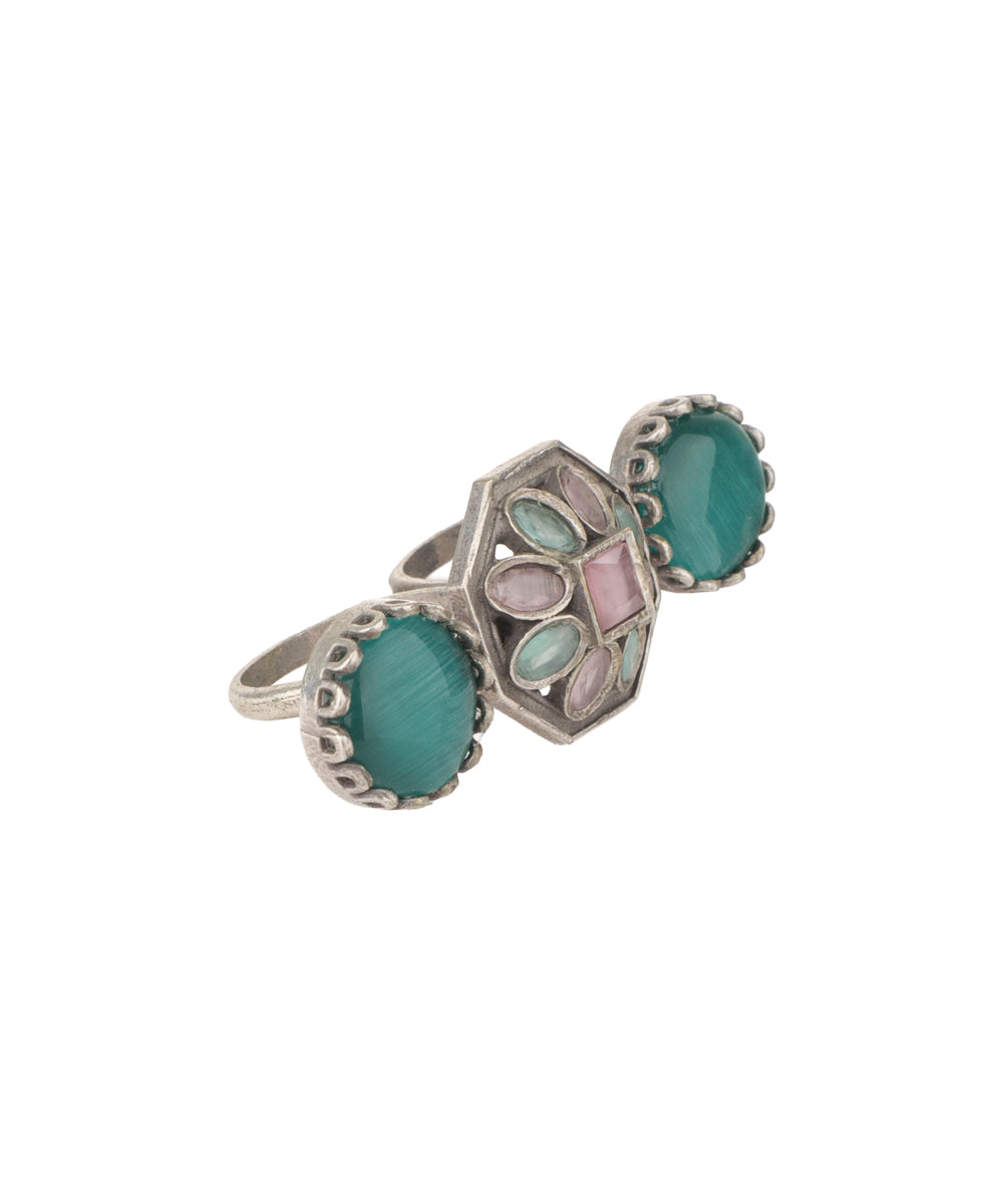 Double Finger Decorative Multi Stone Oxidised Ring | Stylika