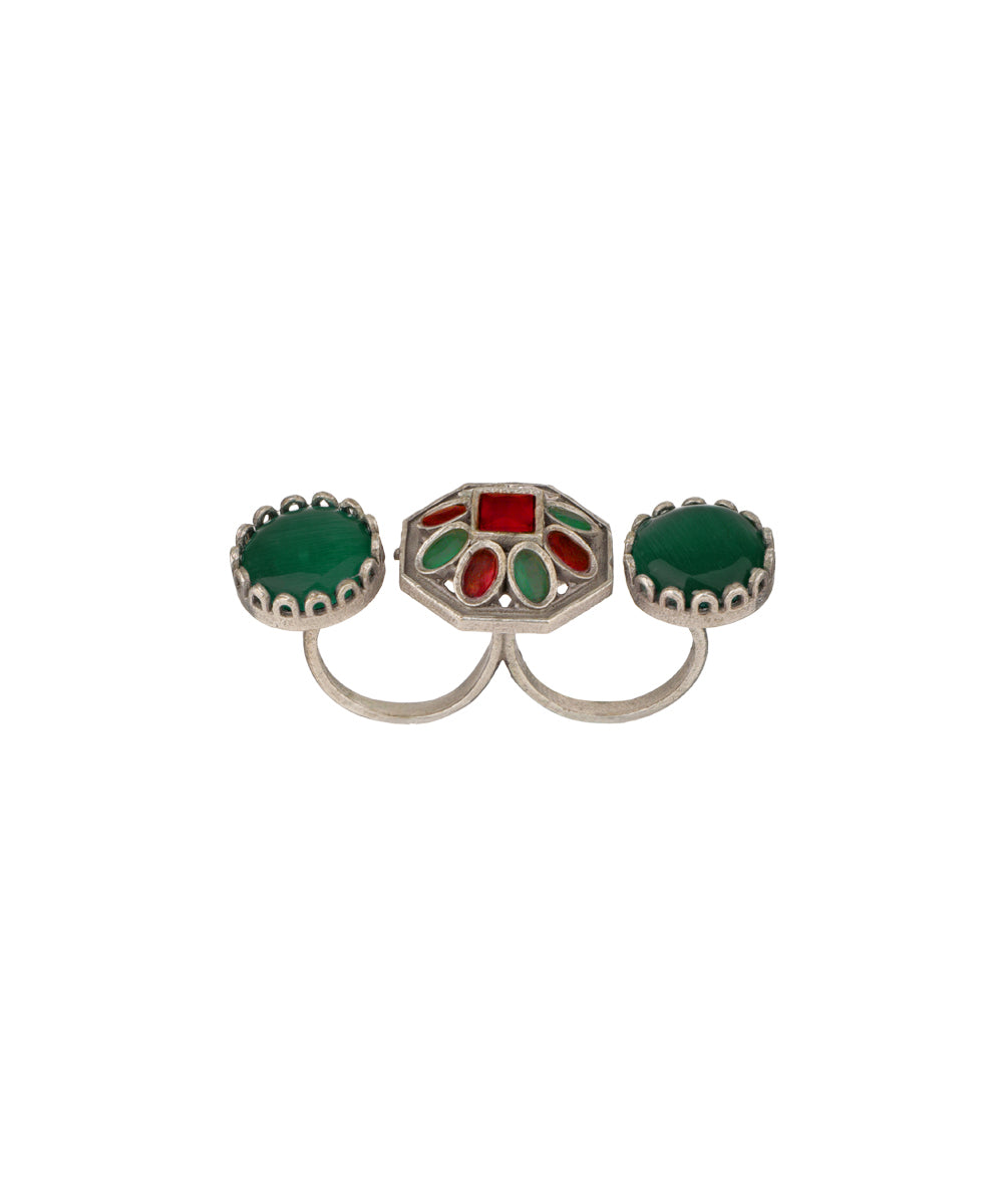 Double Finger Decorative Multi Stone Oxidised Ring | Stylika