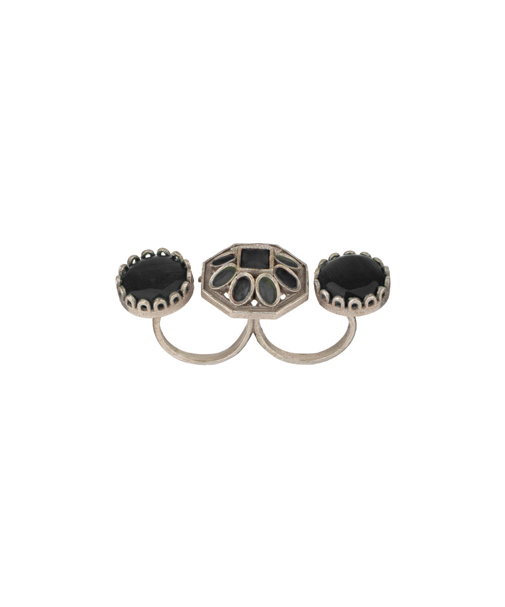 Double Finger Decorative Multi Stone Oxidised Ring | Stylika
