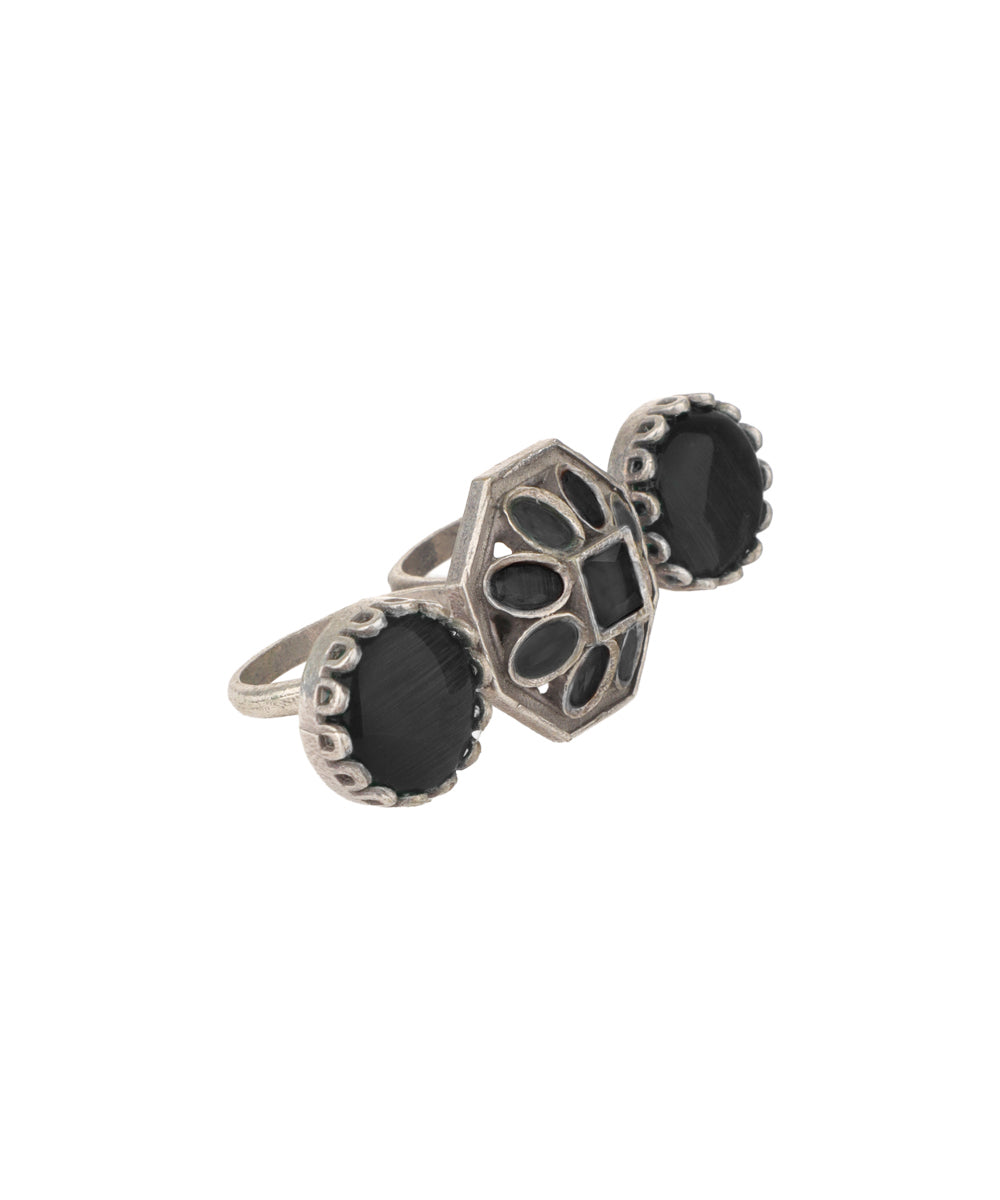 Double Finger Decorative Multi Stone Oxidised Ring | Stylika
