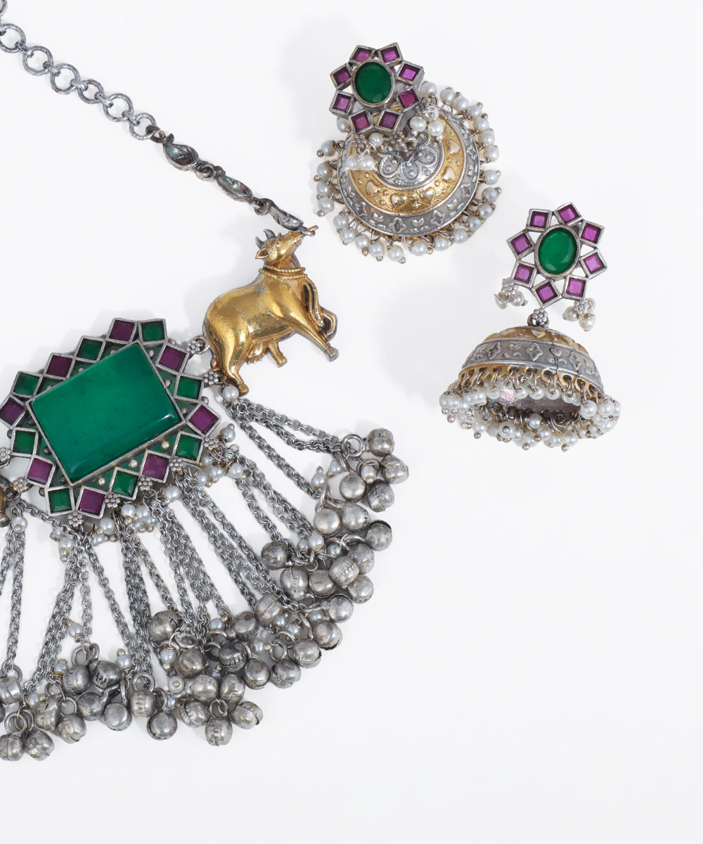 Bull Motifs Oxidised Choker Statement Necklace with Earrings | Stylika
