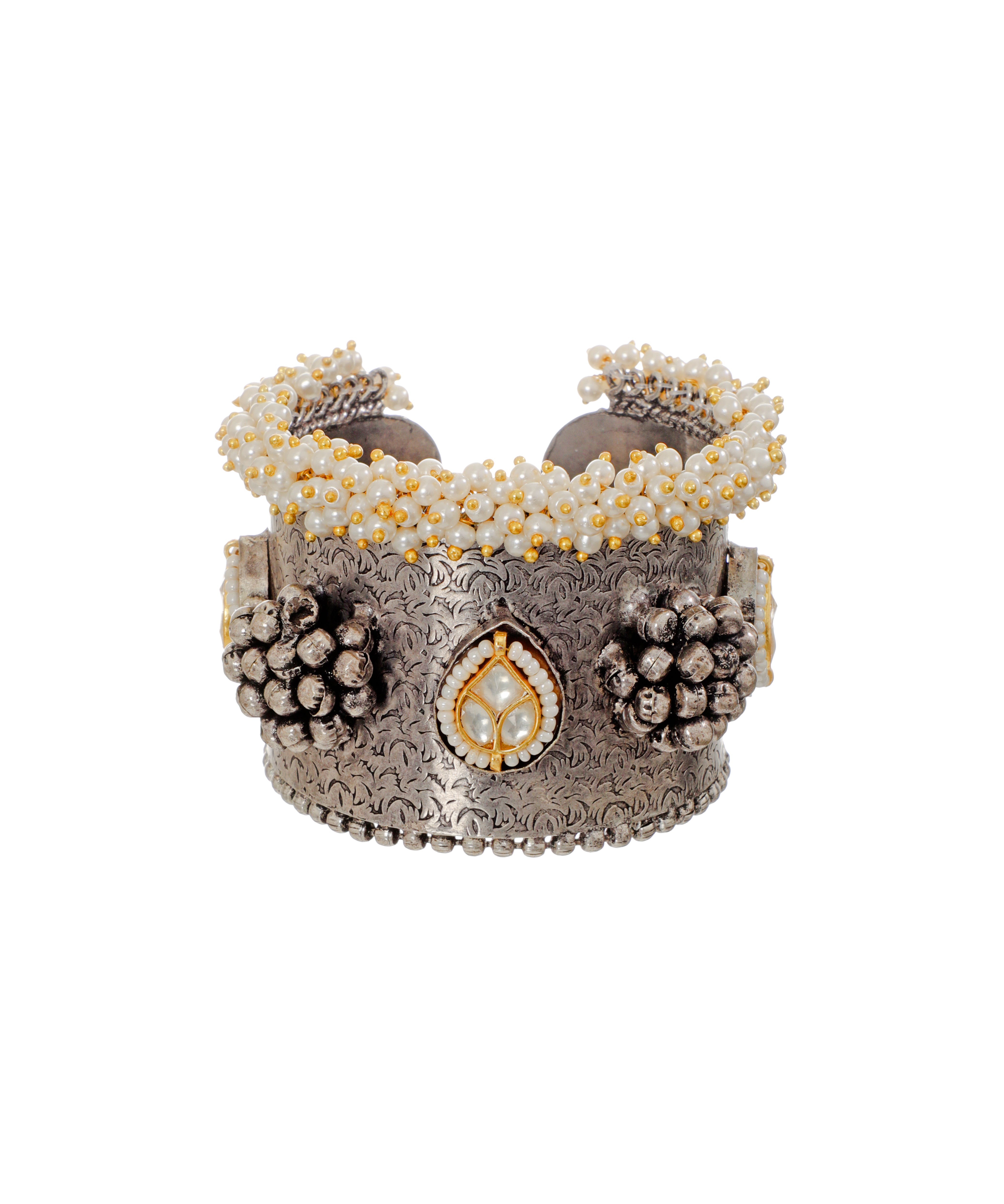 Oxidised Floral Etched Pearl Cluster Cuff Bracelet | Stylika