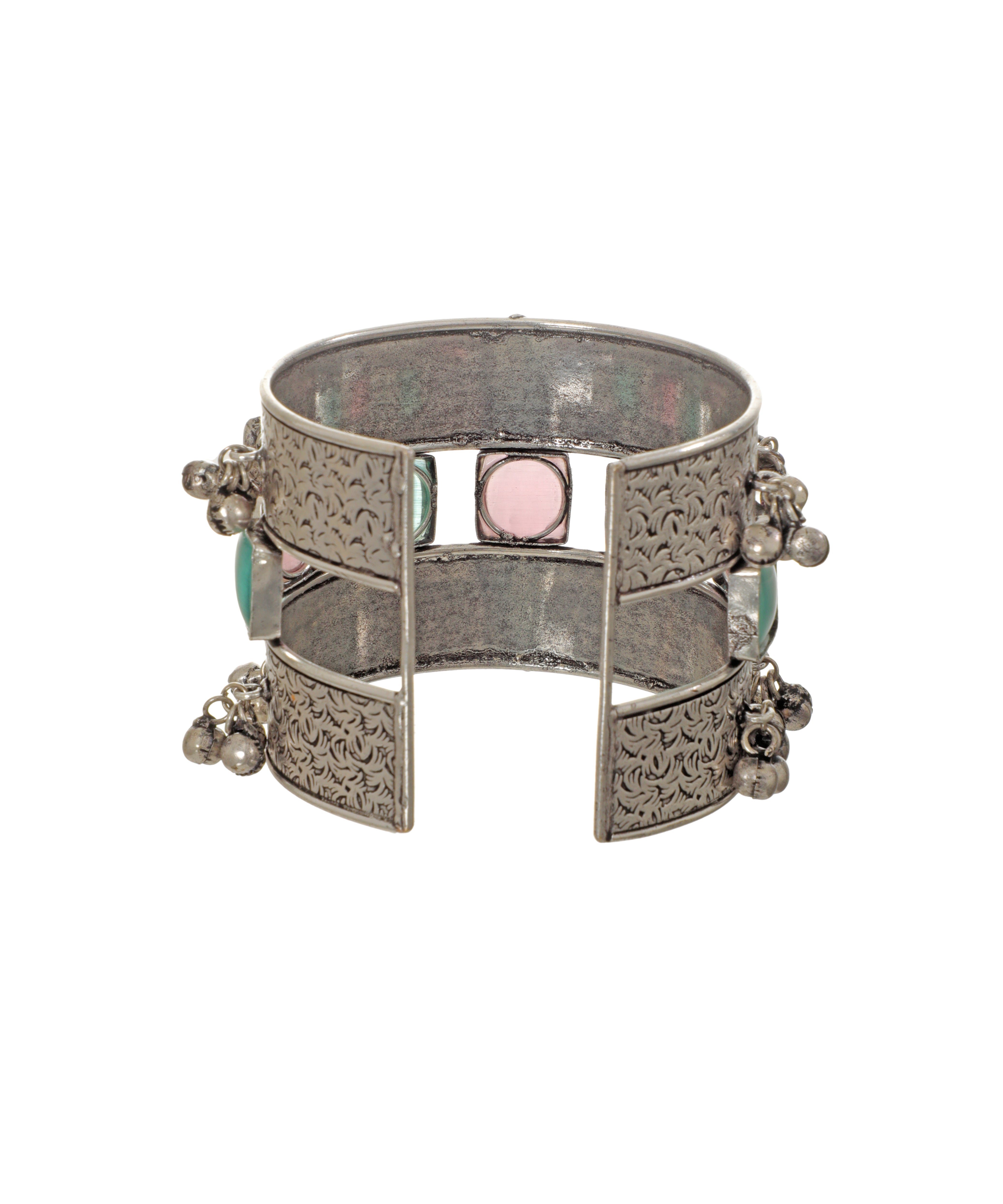 Engraved Oxidised Cuff Bracelet with Pastel Stones | Stylika