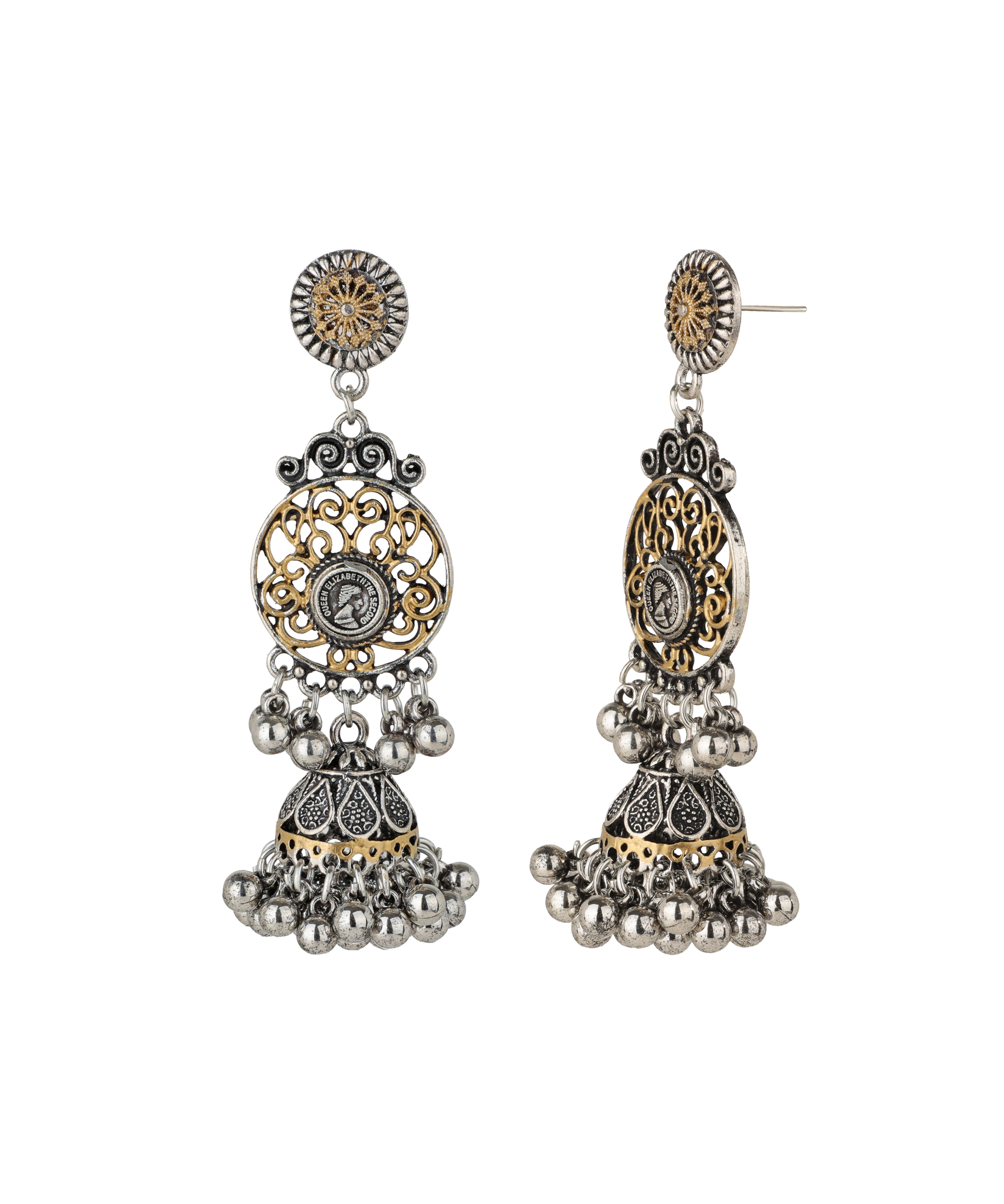Two-Tone Coin Motif Jhumka Earrings | Stylika
