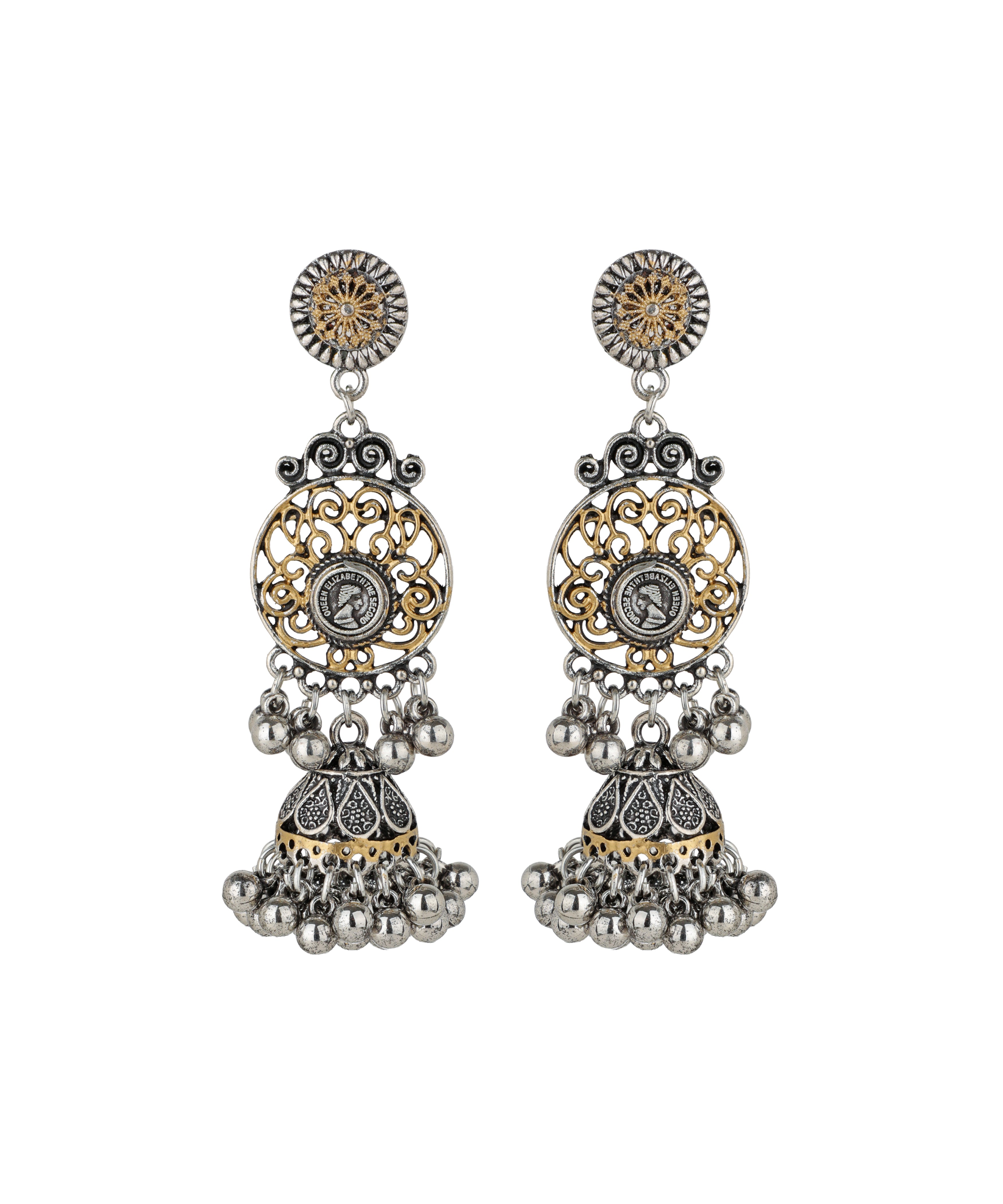 Two-Tone Coin Motif Jhumka Earrings | Stylika