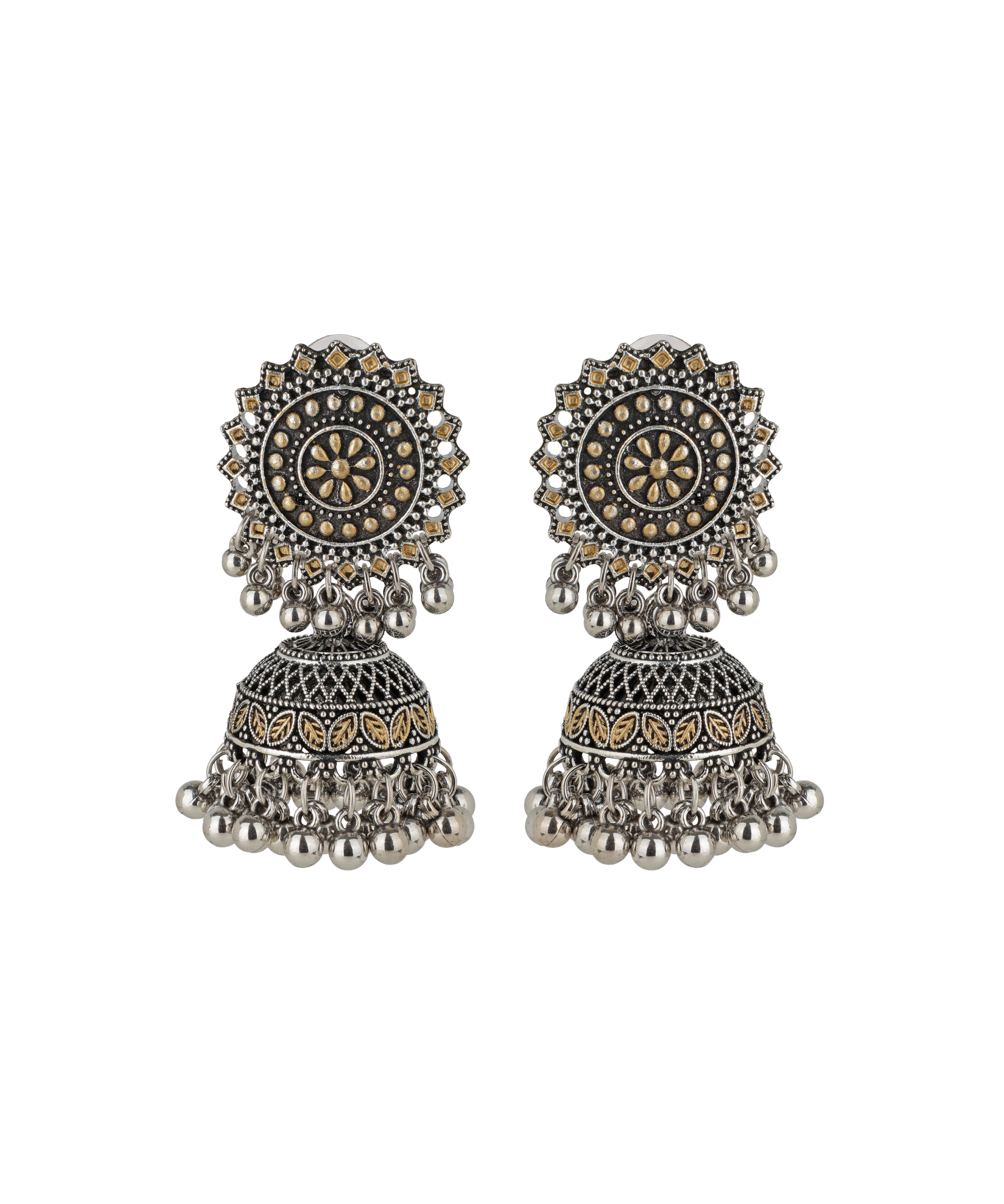 Dual Tone Floral Motif Jhumka Earrings | Stylika