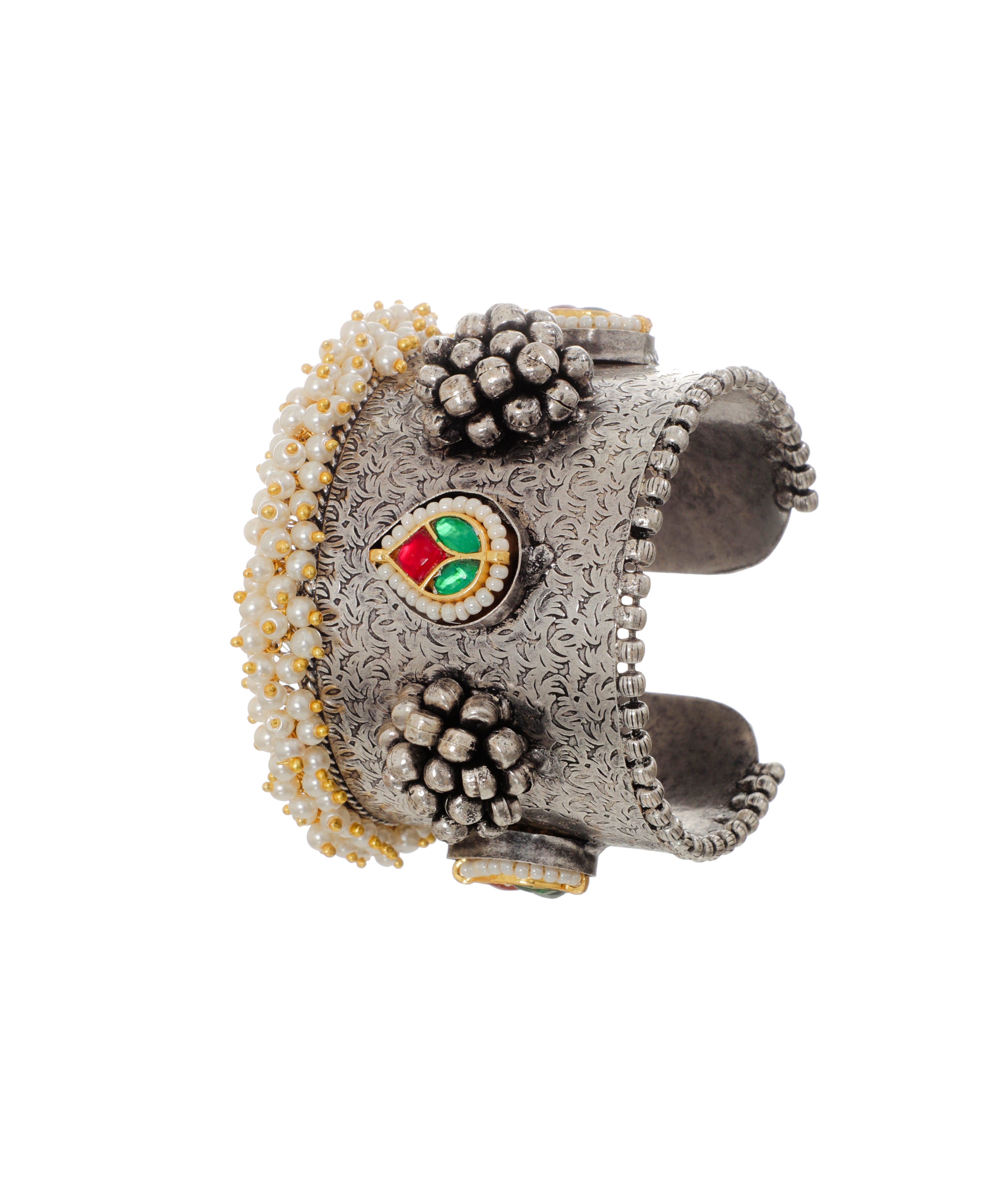 Oxidised Floral Etched Pearl Cluster Cuff Bracelet | Stylika