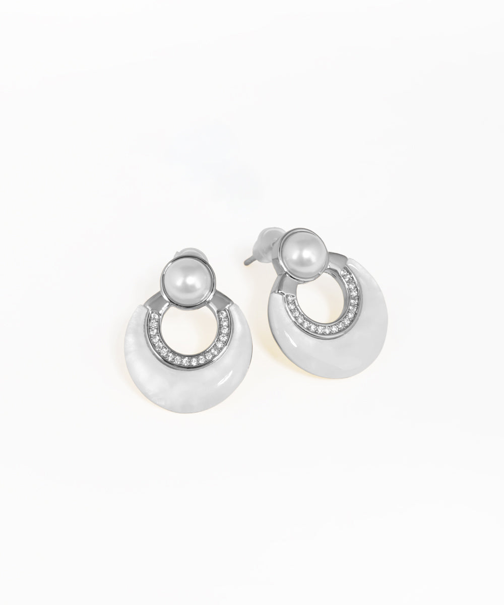 Modern geometric drop earrings with shimmering iridescent discs