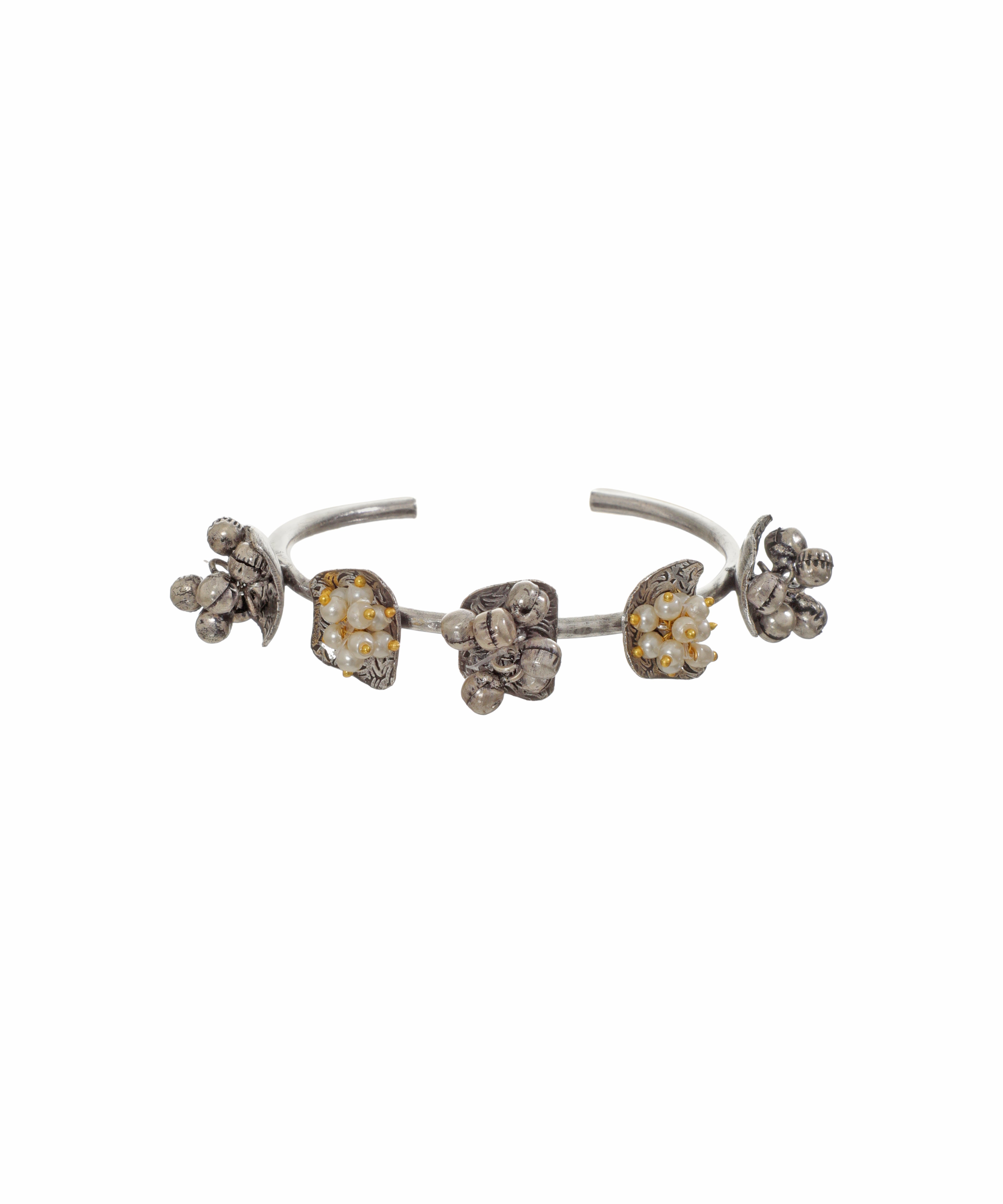Clustered Pearl & Ghungroo Oxidised Cuff Bracelet | Stylika