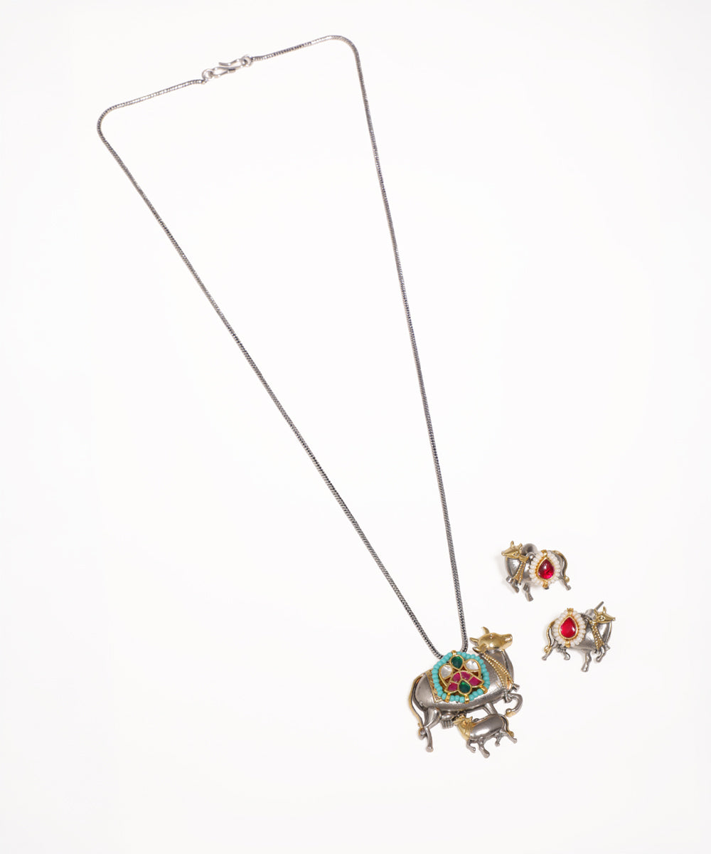 Traditional Cow Motif Oxidised Necklace with Earrings | Stylika